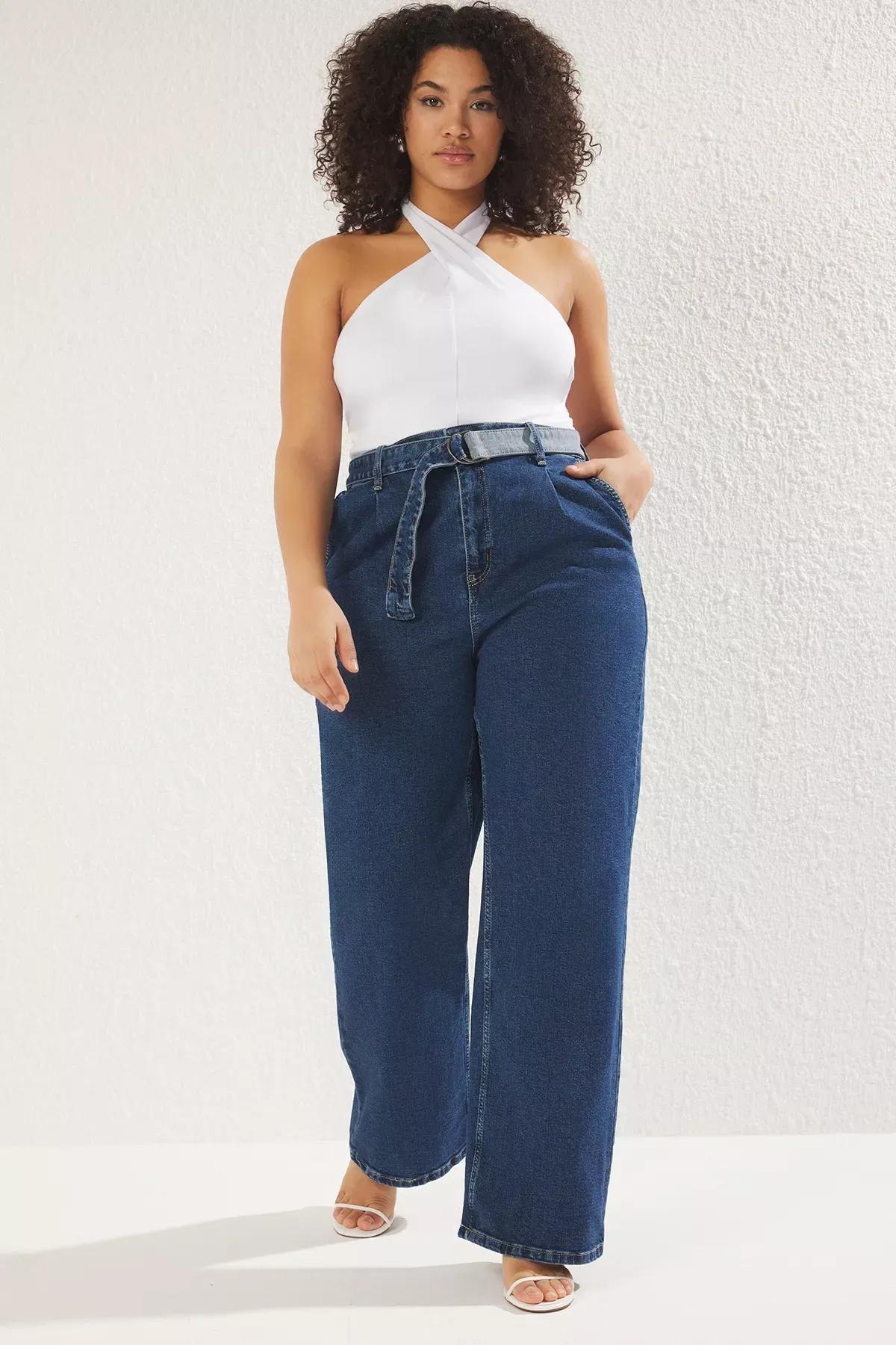 Blue Belted Wide Leg Jeans, , large image number 0