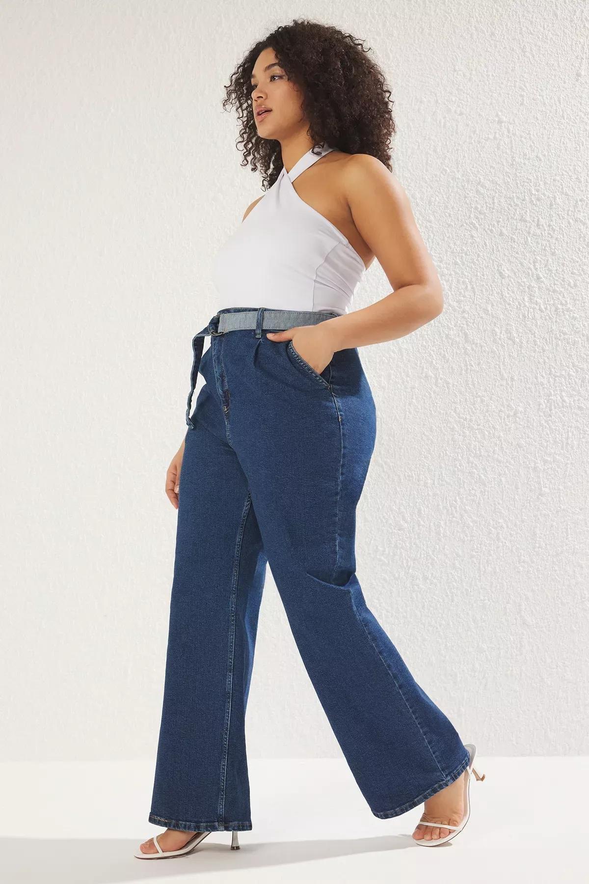 Blue Belted Wide Leg Jeans, , large image number 1