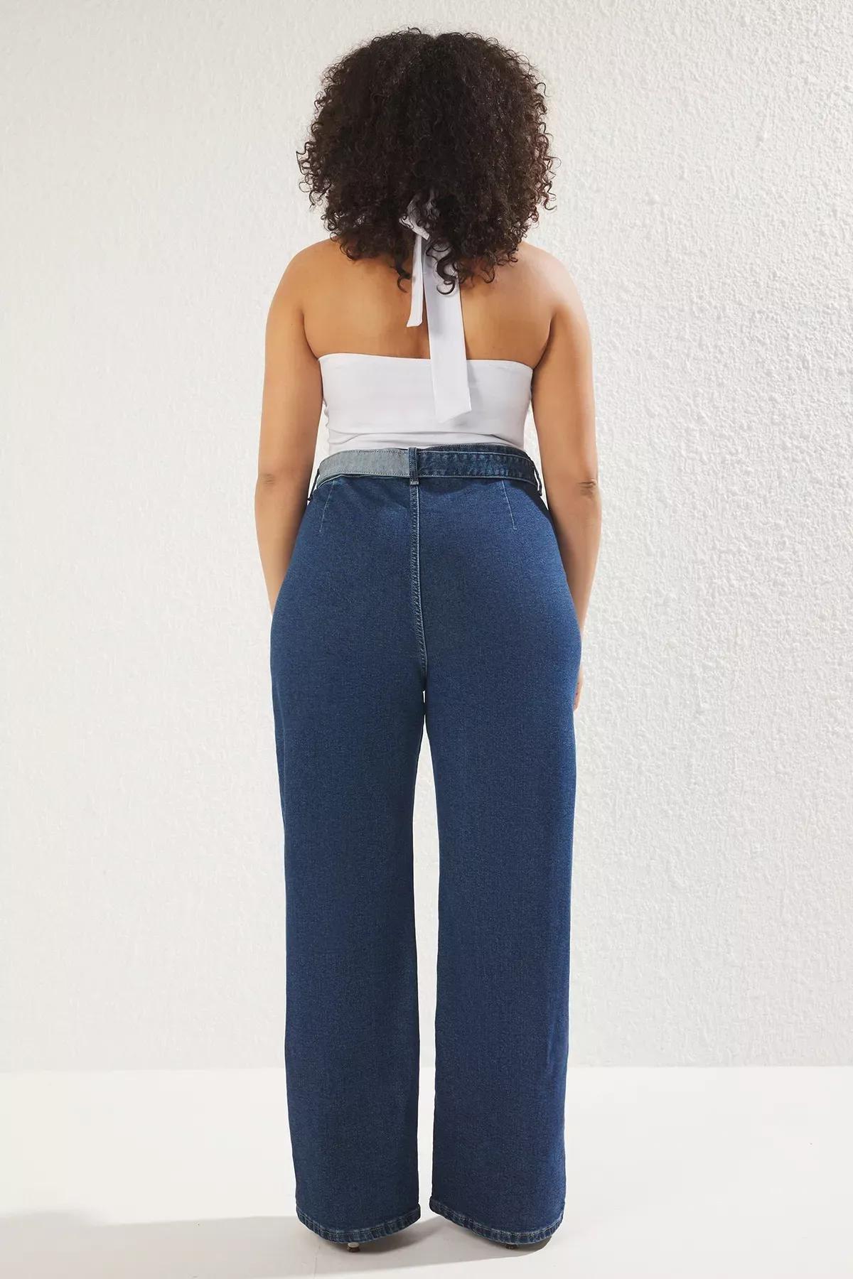 Blue Belted Wide Leg Jeans, , large image number 4