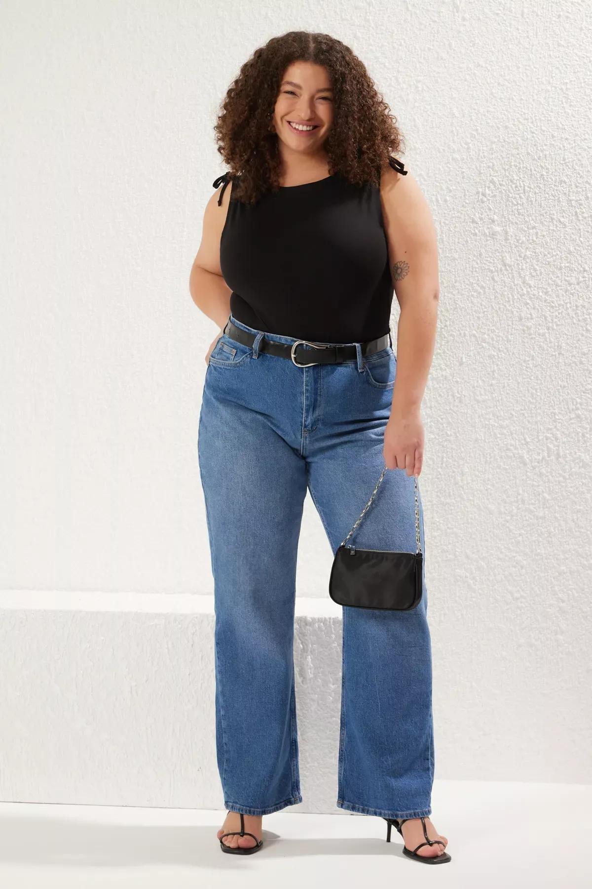 Blue High Waist Destroyed Plus-Size Jeans, , large image number 0