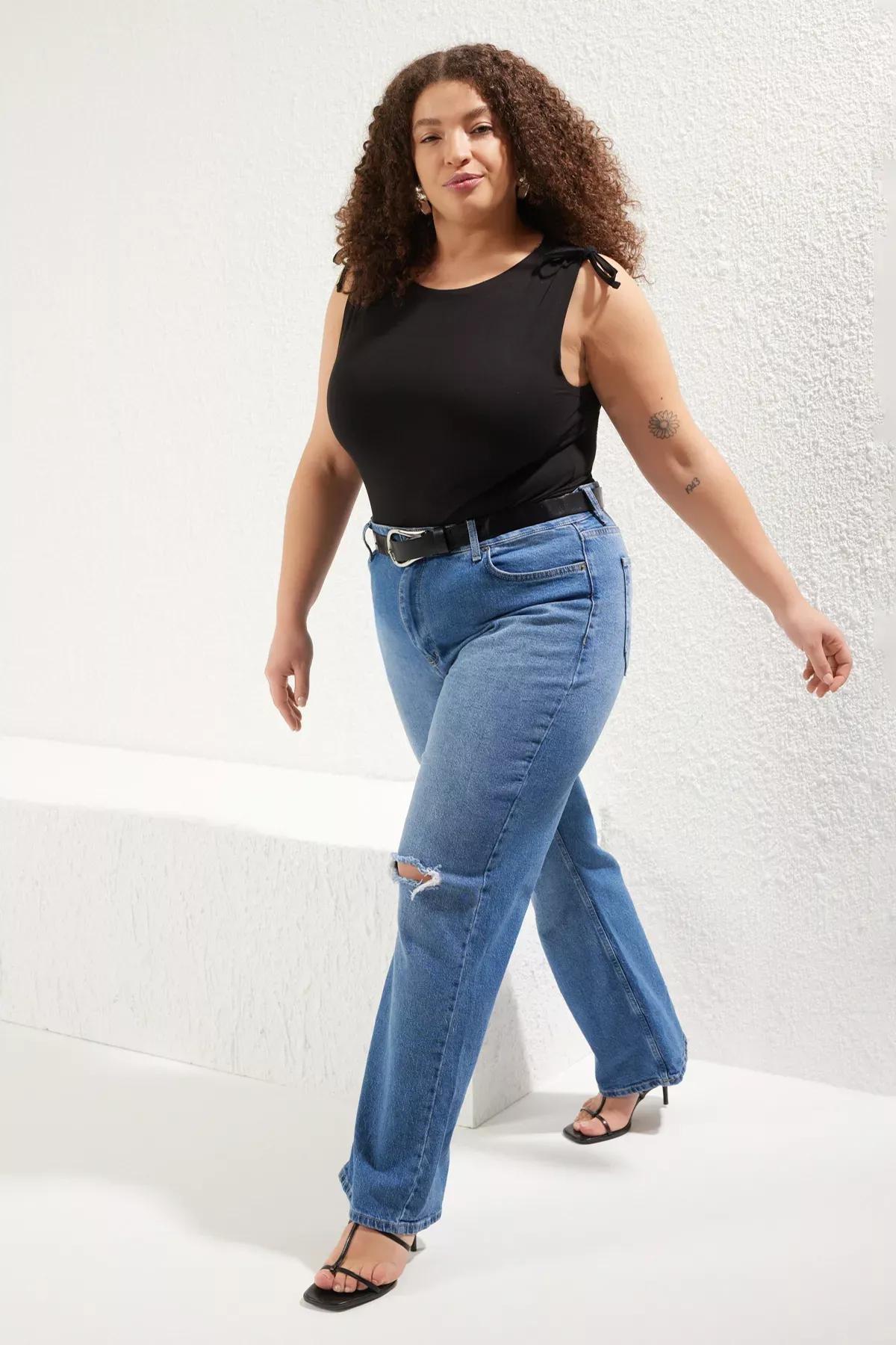 Blue High Waist Destroyed Plus-Size Jeans, , large image number 1