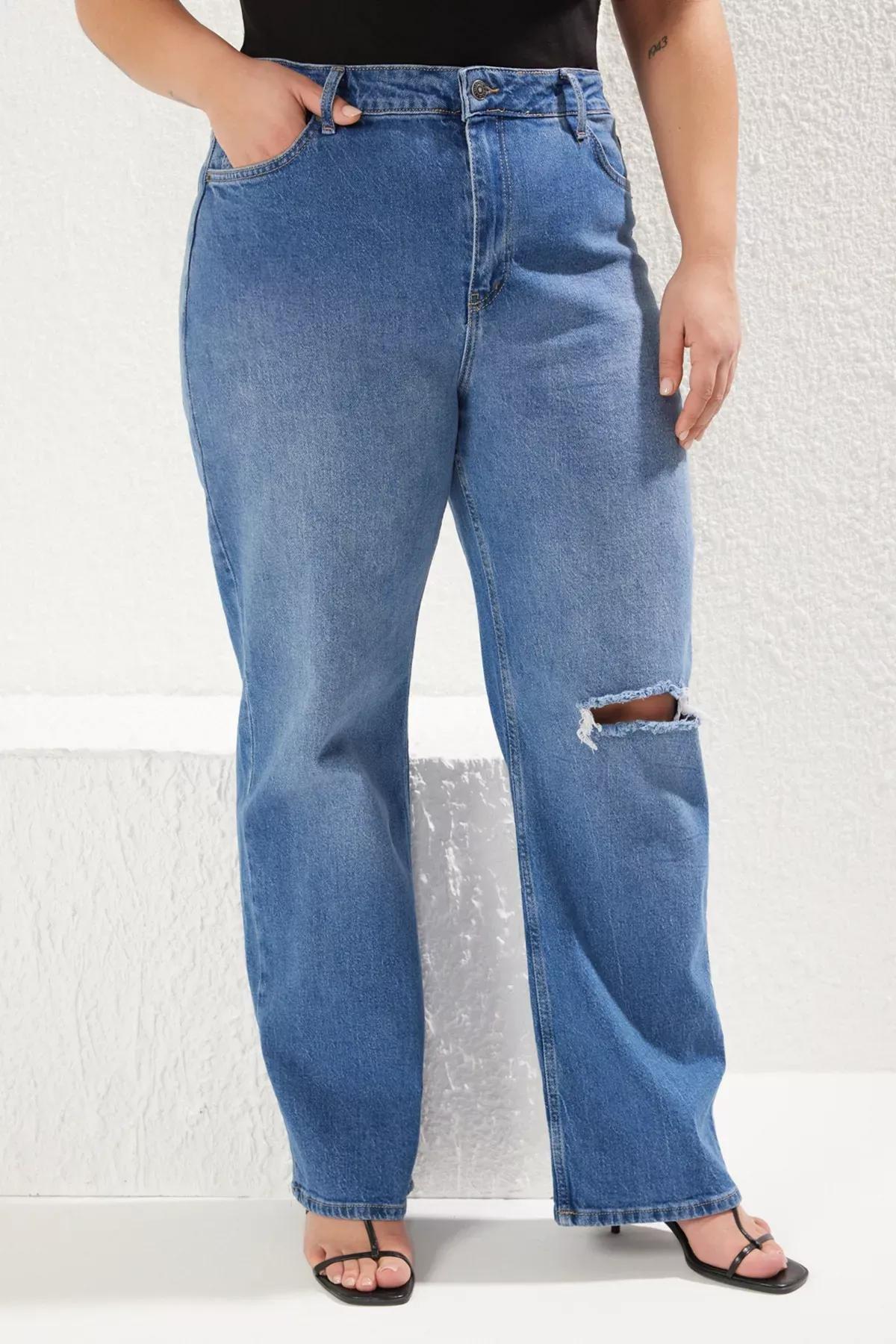 Blue High Waist Destroyed Plus-Size Jeans, , large image number 2
