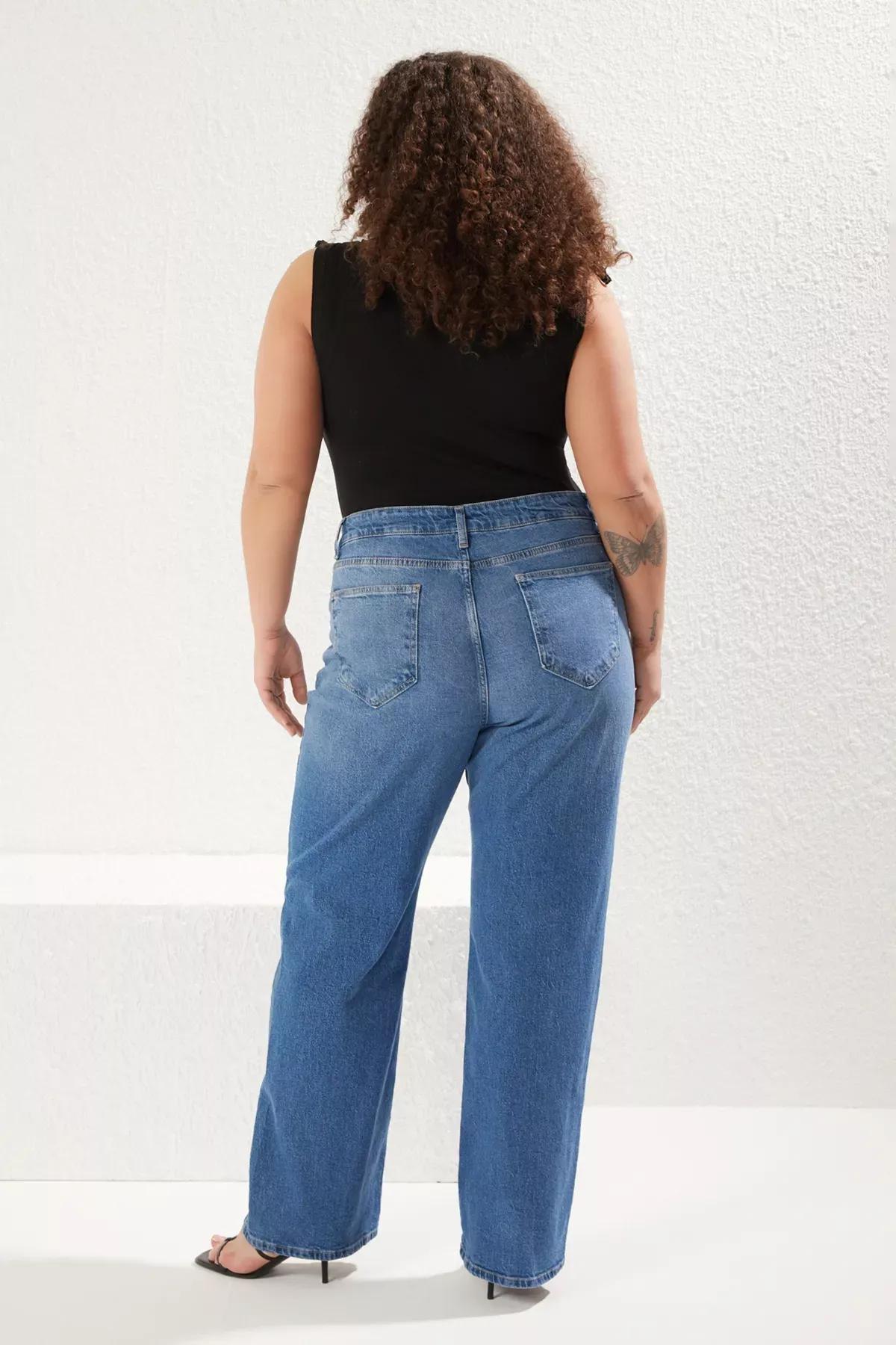 Blue High Waist Destroyed Plus-Size Jeans, , large image number 4