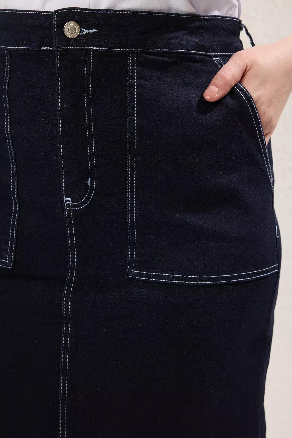 Navy Mini Denim Plus-Size Skirt, DARK BLUE, large image number 2