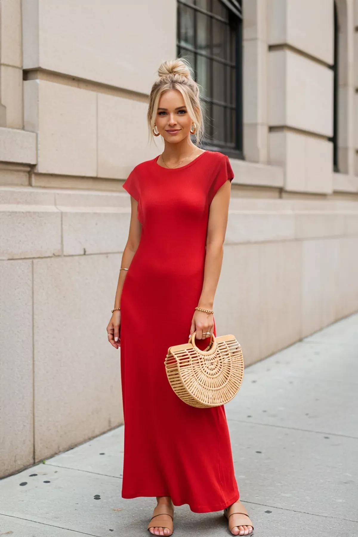 Red Plain Maxi A-Line Sleeveless Knitted Dress, Red, large image number 1
