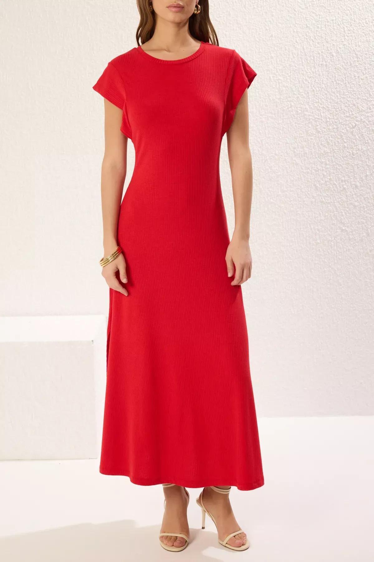 Red Plain Maxi A-Line Sleeveless Knitted Dress, Red, large image number 3
