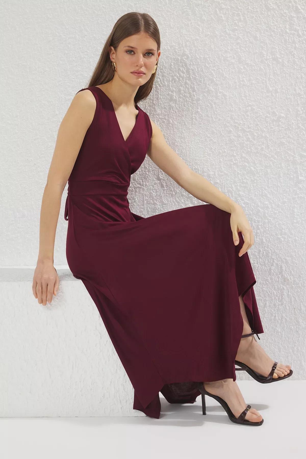 فستان طويل من قماش بيكيه بفتحة، بنفسجي, Plum, large image number 1