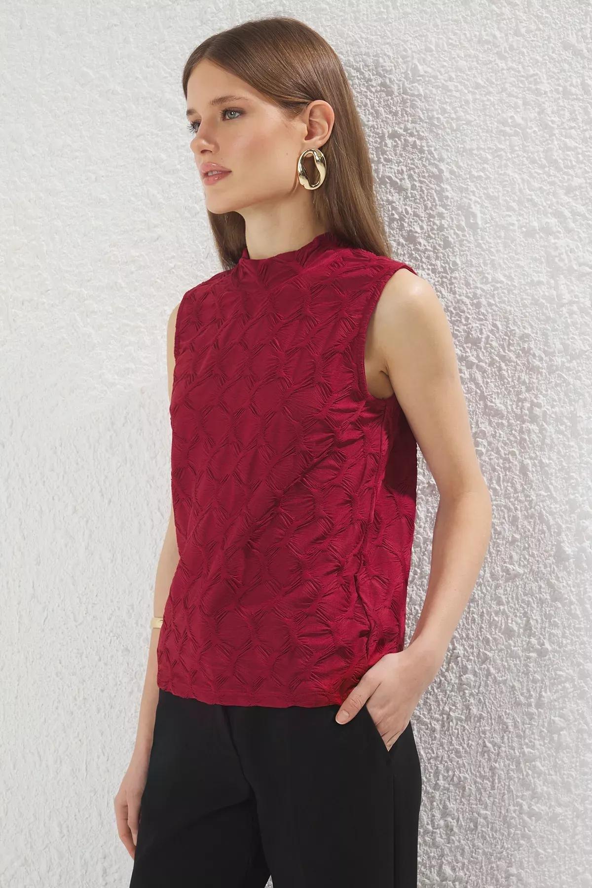 Red Textured Knit Blouse, Burgundy, large image number 0