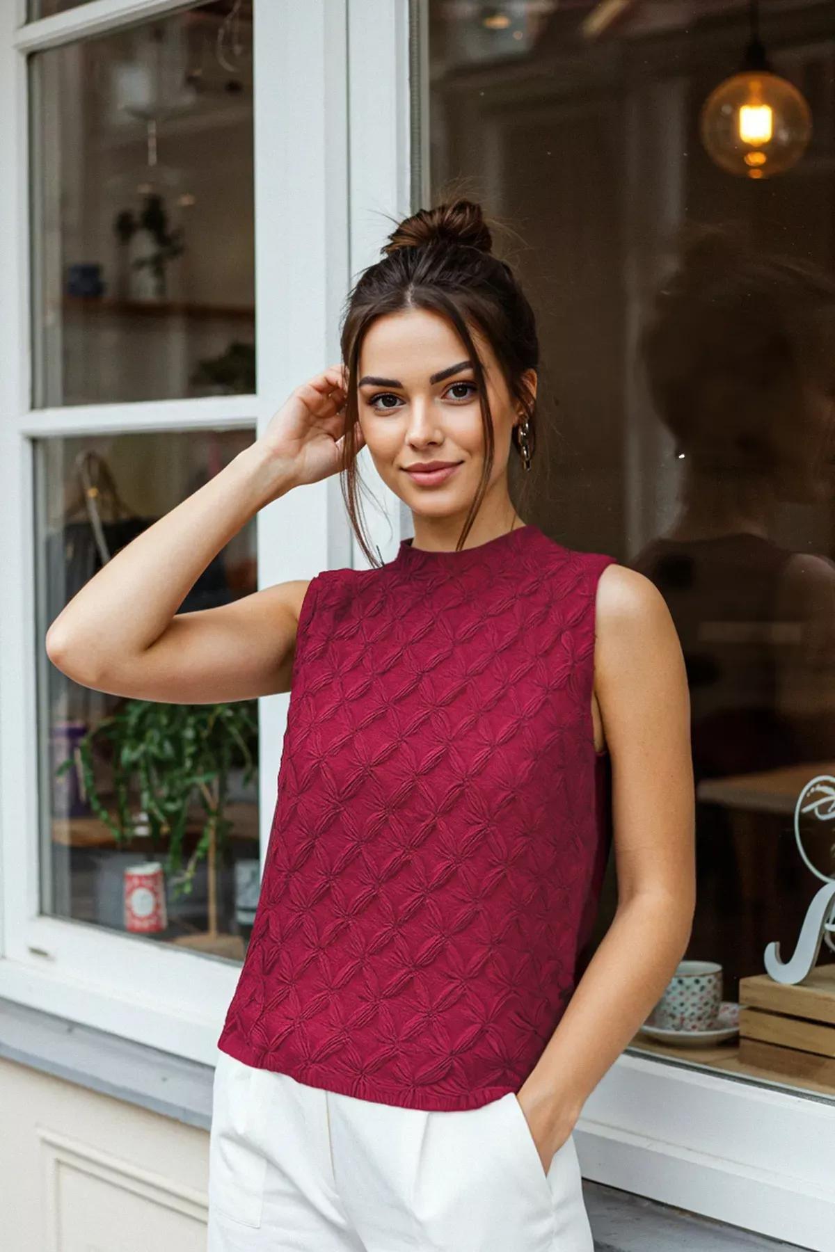 Red Textured Knit Blouse, Burgundy, large image number 1