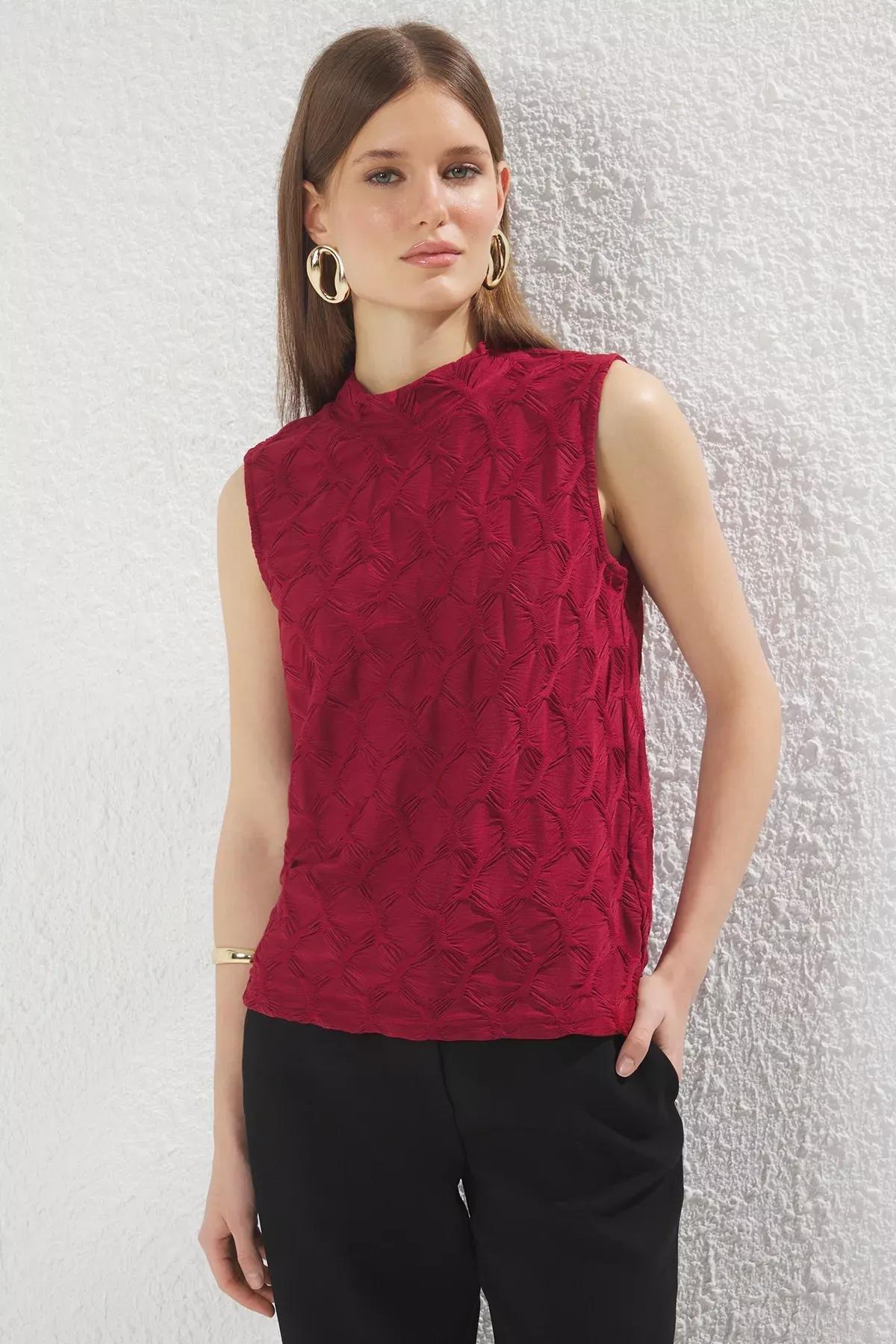 Red Textured Knit Blouse, Burgundy, large image number 2