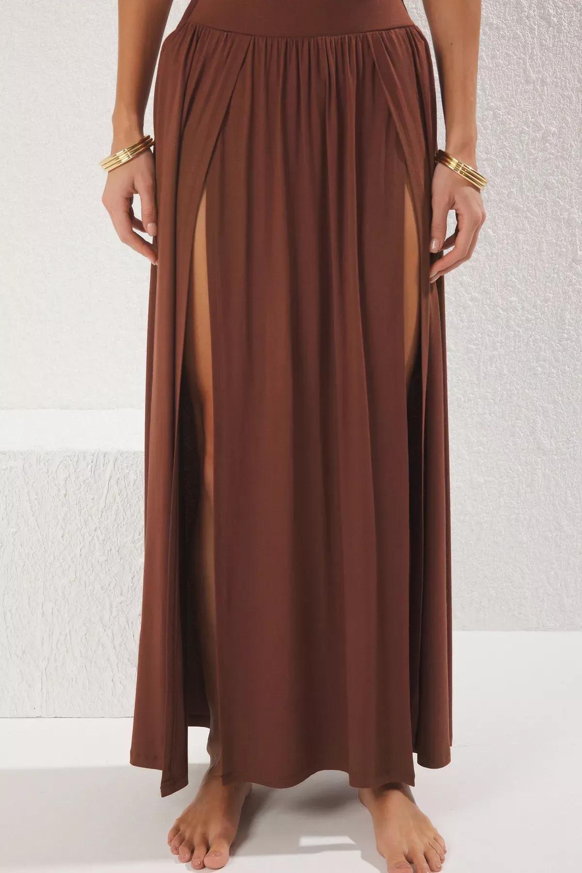 Brown Maxi Slit Beach Skirt, , large image number 2