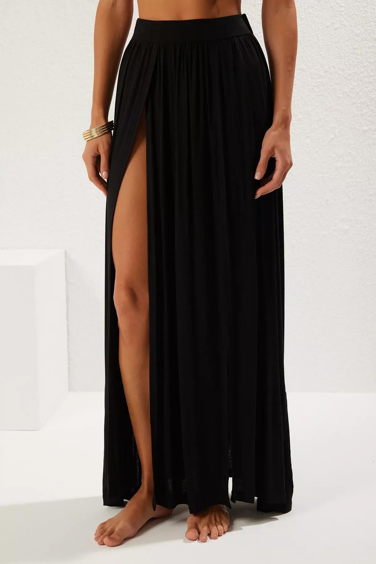 Black Maxi Slit Beach Skirt, , large image number 2