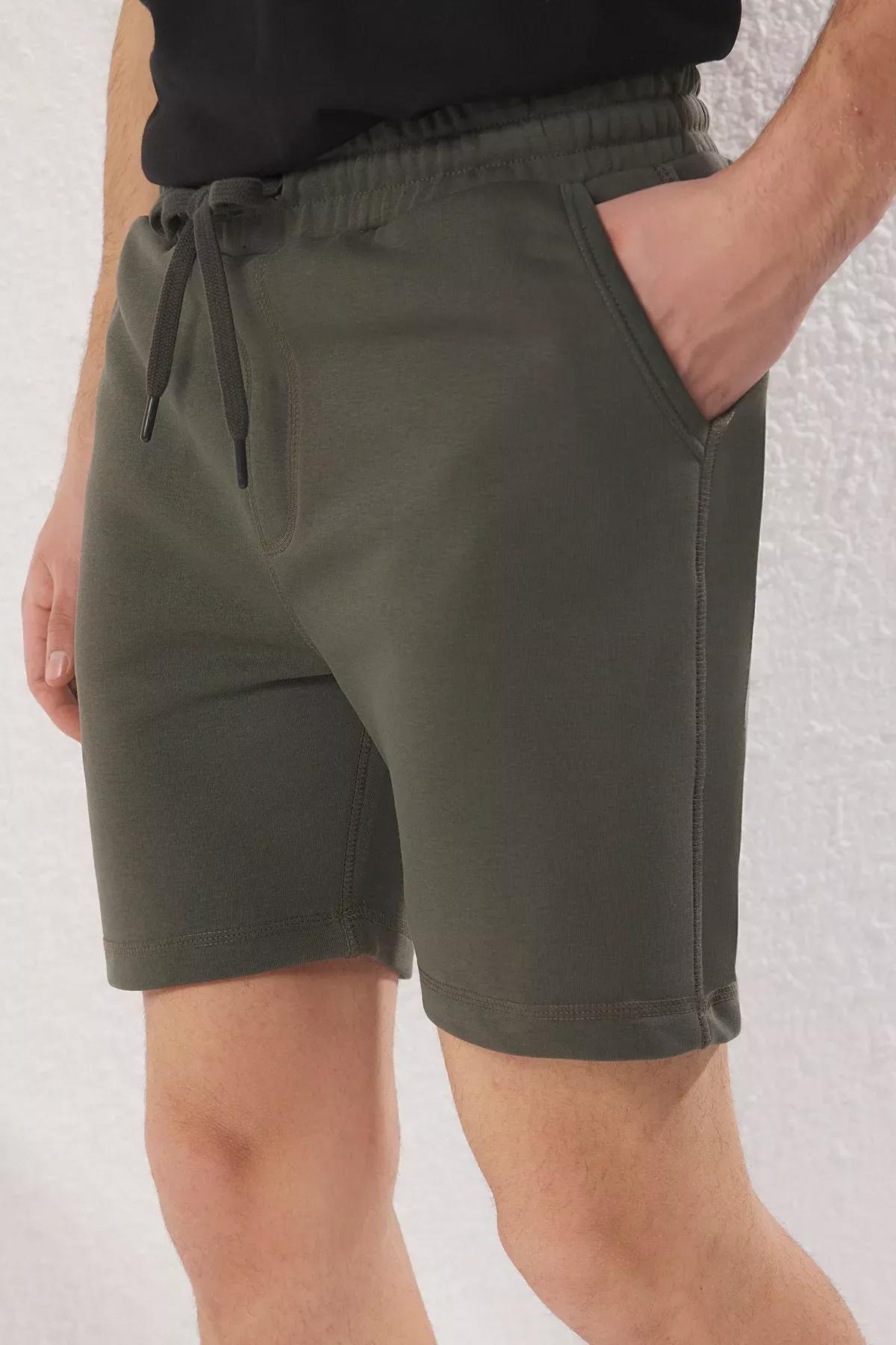 Green Stitched Bermuda Shorts, Khaki, medium