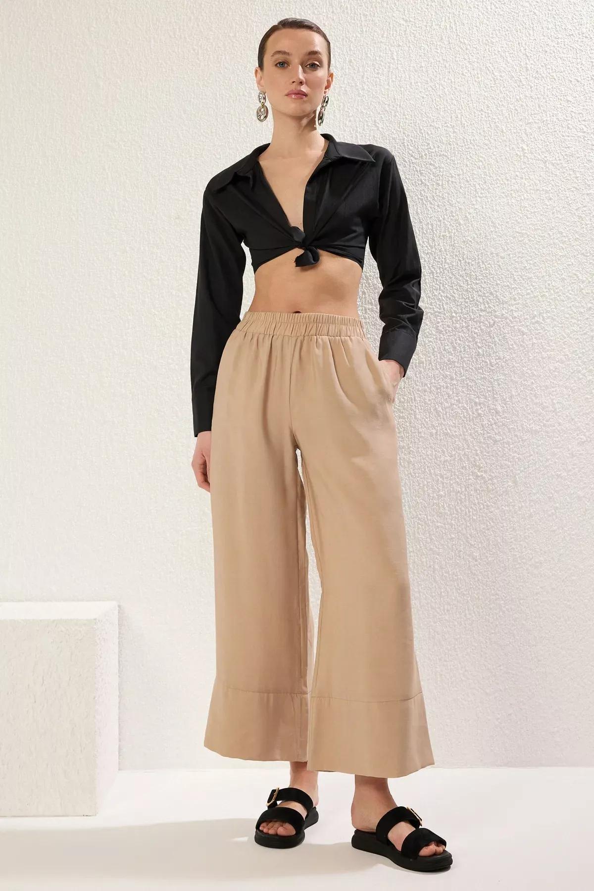 Brown Pleated Wide Leg Trousers, Mink, large image number 0