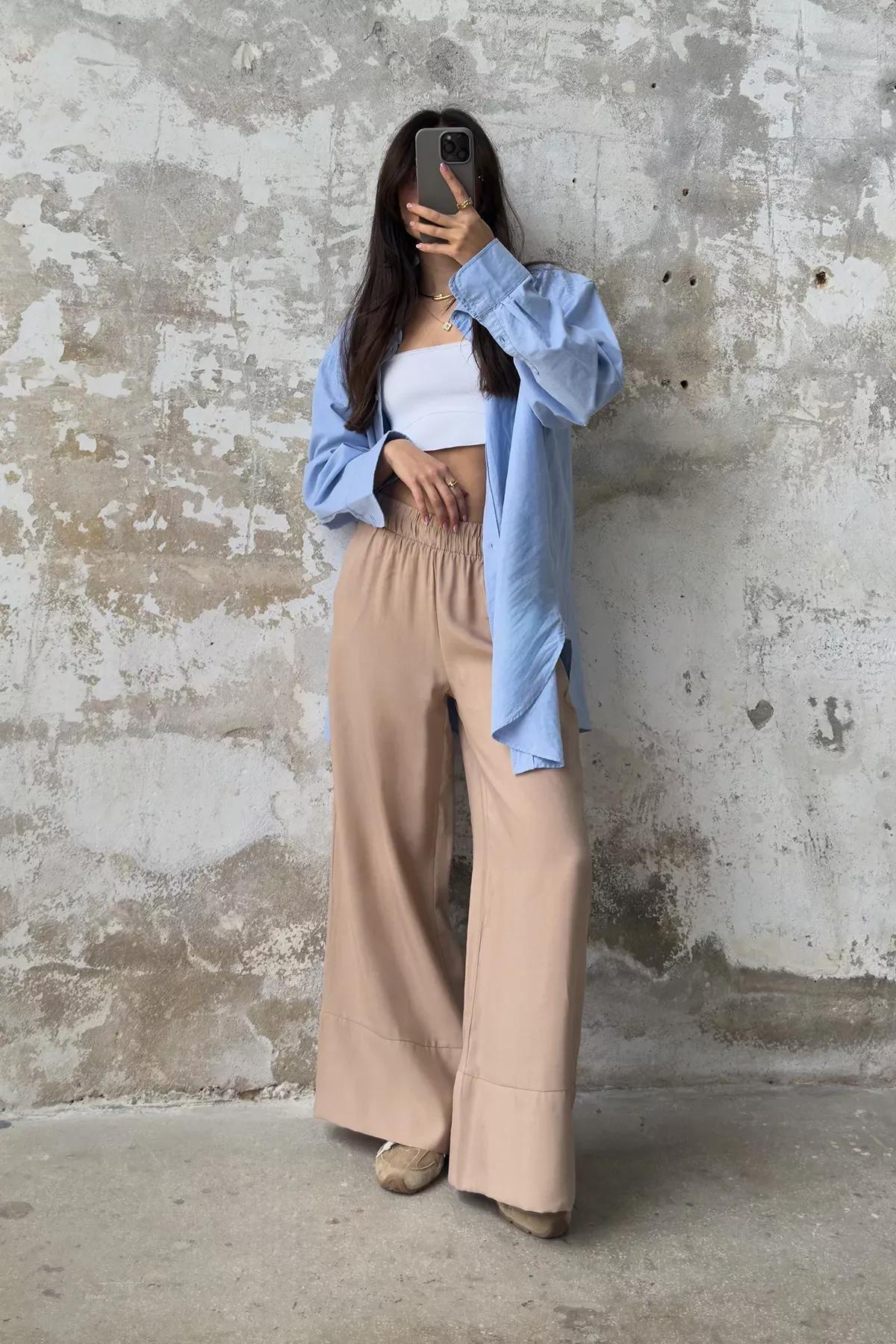 Brown Pleated Wide Leg Trousers, Mink, large image number 1