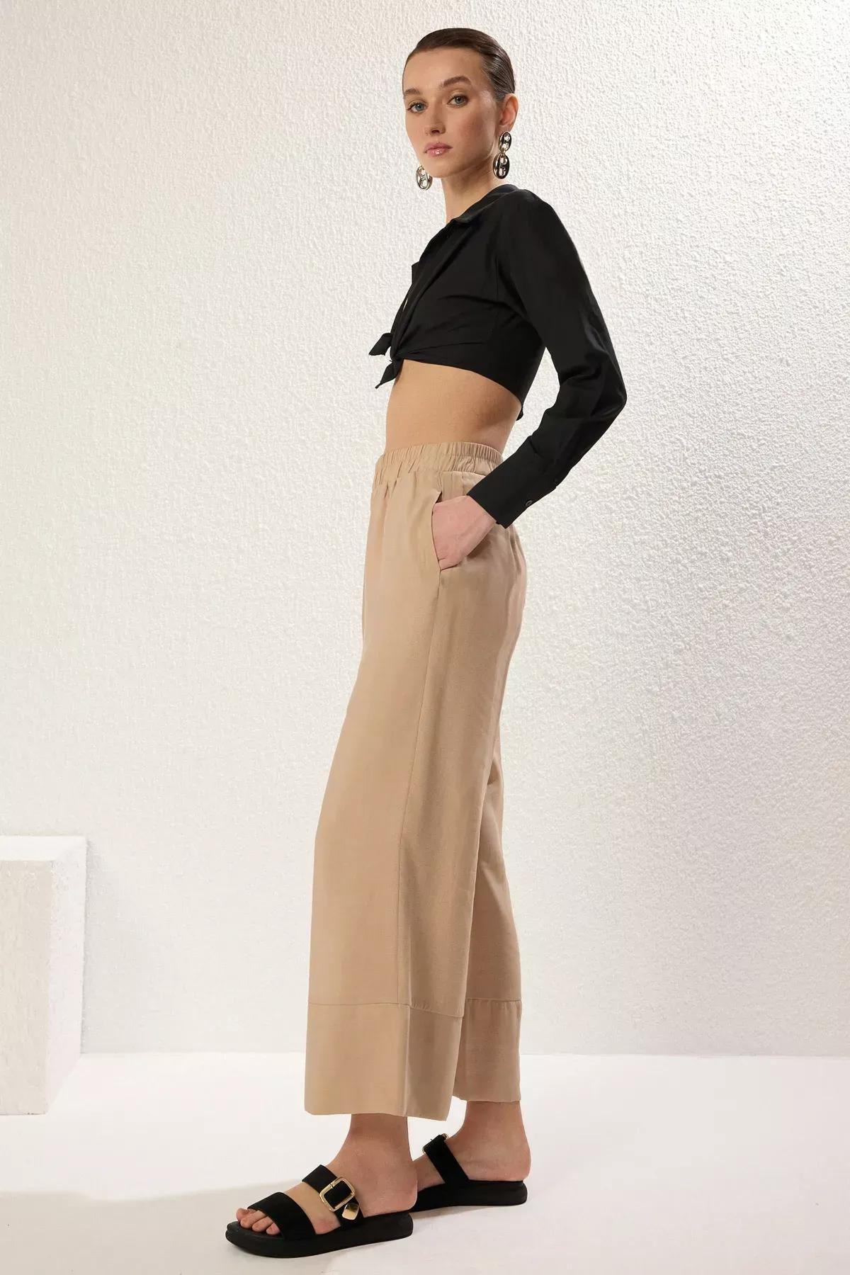 Brown Pleated Wide Leg Trousers, Mink, large image number 2