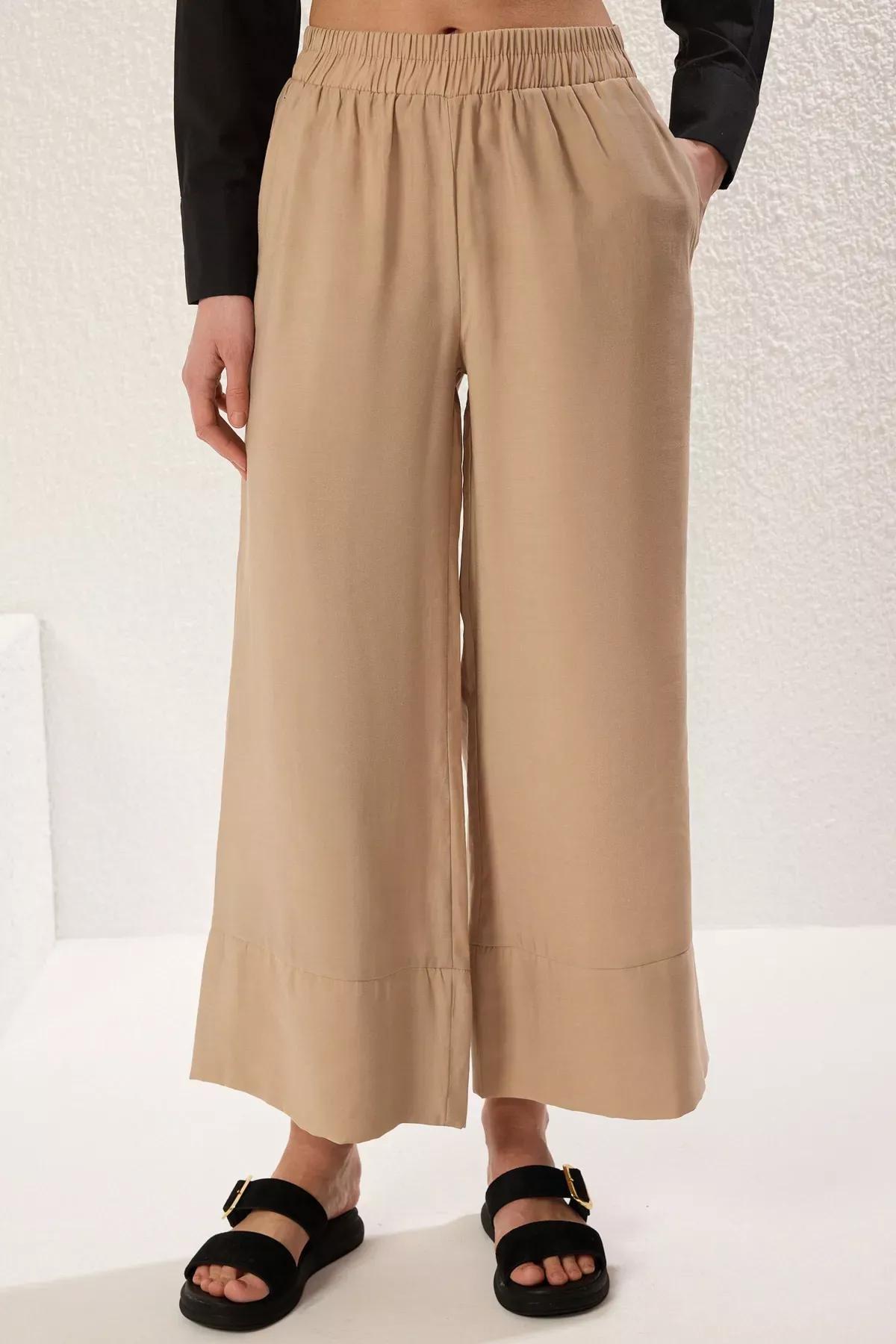 Brown Pleated Wide Leg Trousers, Mink, large image number 3