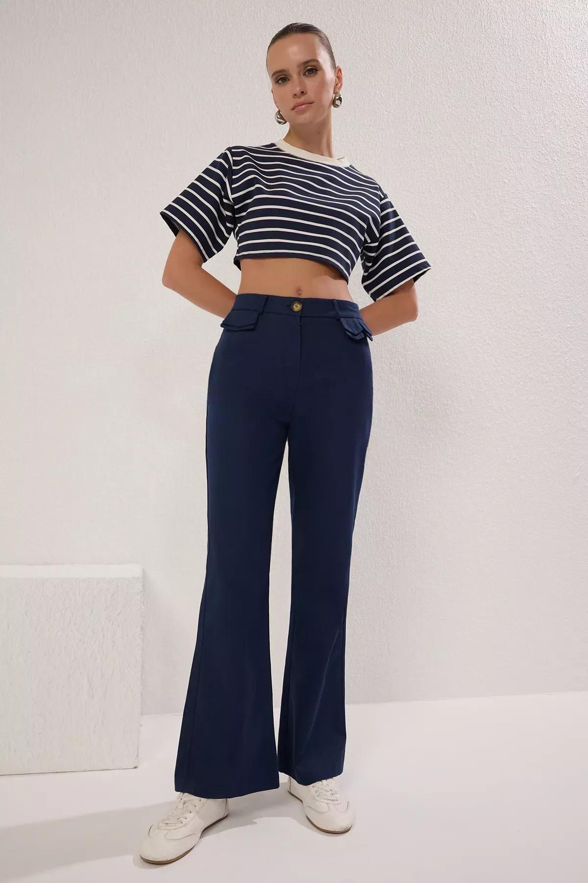 Navy Faux Pocket Bootcut Trousers, , large image number 0