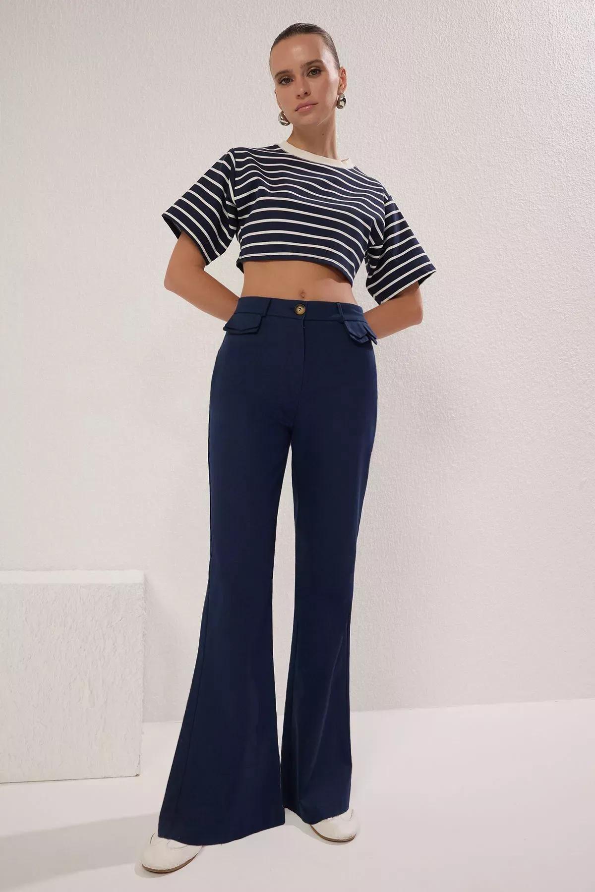 Navy Faux Pocket Bootcut Trousers, Navy blue, large image number 0