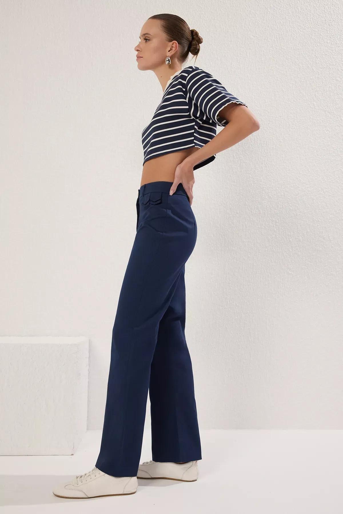 Navy Faux Pocket Bootcut Trousers, , large image number 1
