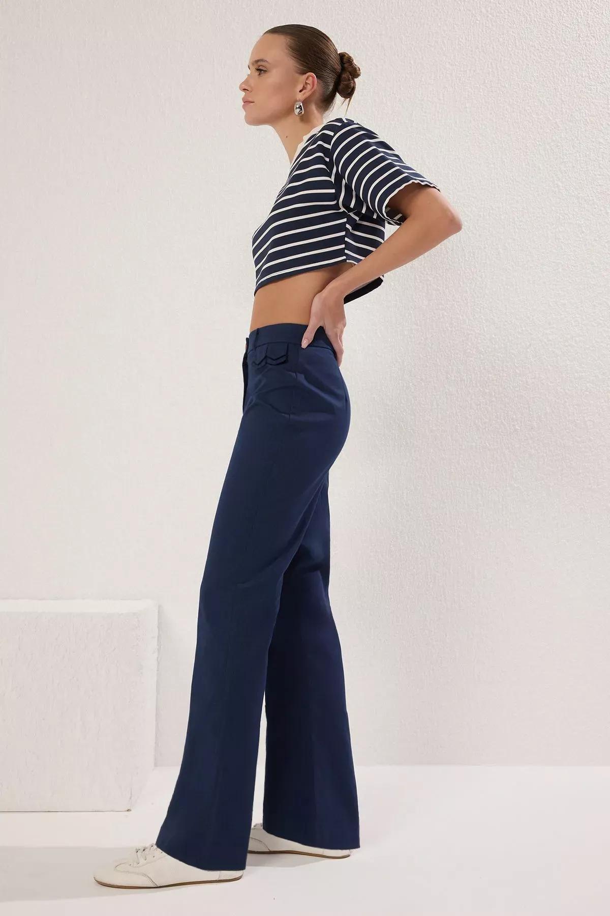 Navy Faux Pocket Bootcut Trousers, Navy blue, large image number 1