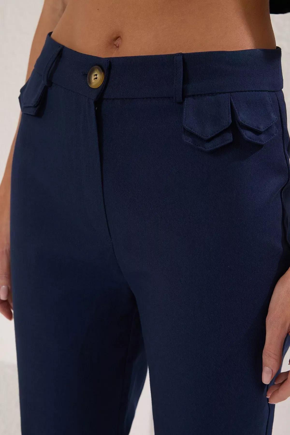 Navy Faux Pocket Bootcut Trousers, Navy blue, large image number 4