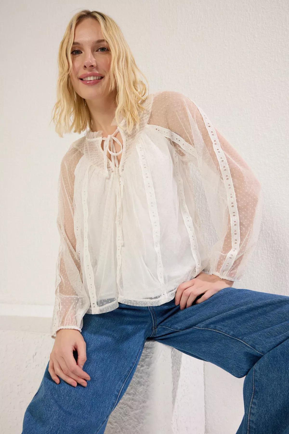 Beige Tulle Crew Neck Blouse, Ecru, large image number 0