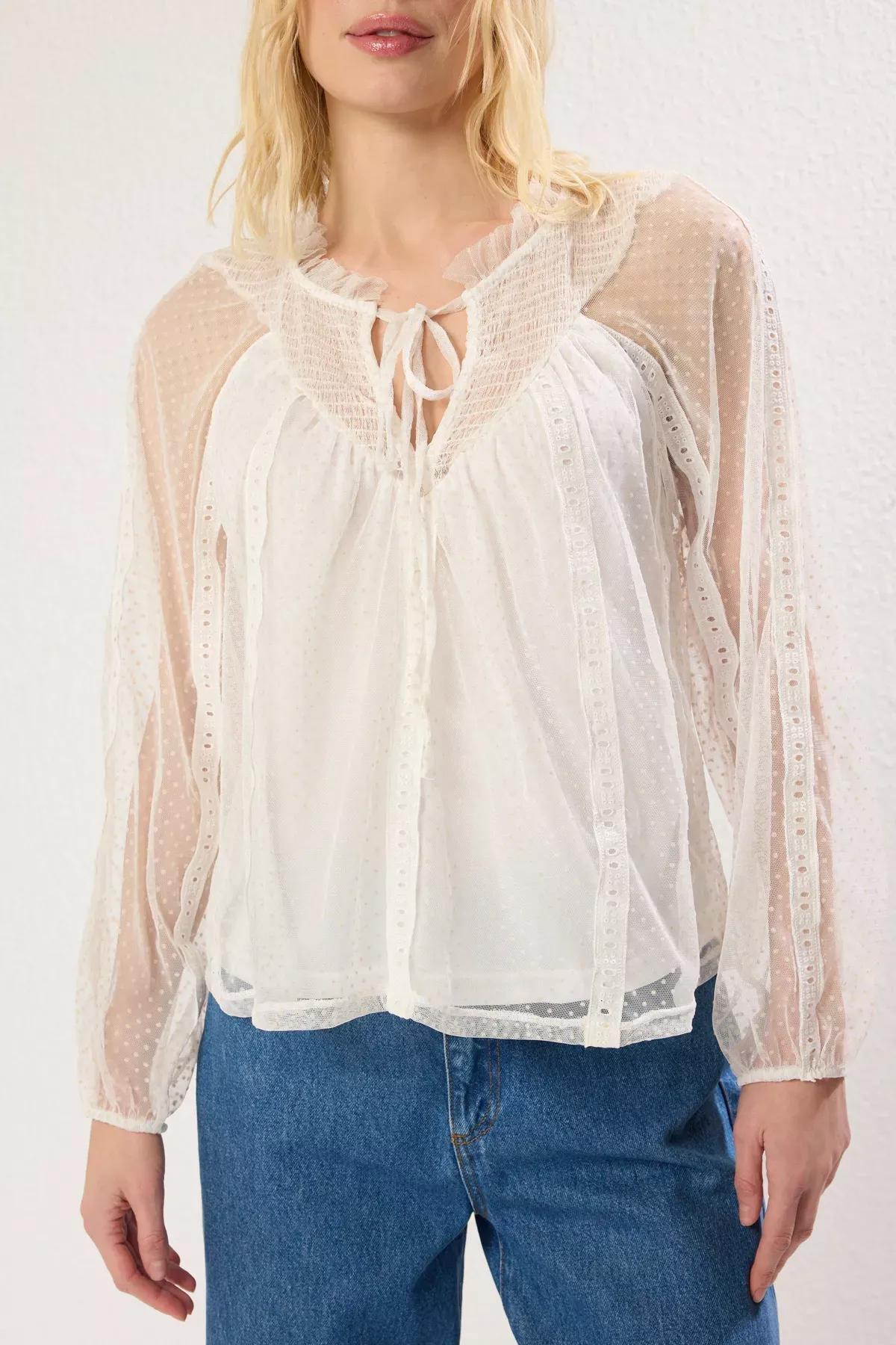 Beige Tulle Crew Neck Blouse, Ecru, large image number 2