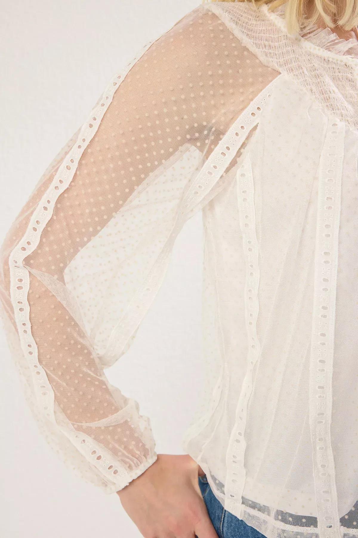 Beige Tulle Crew Neck Blouse, Ecru, large image number 3