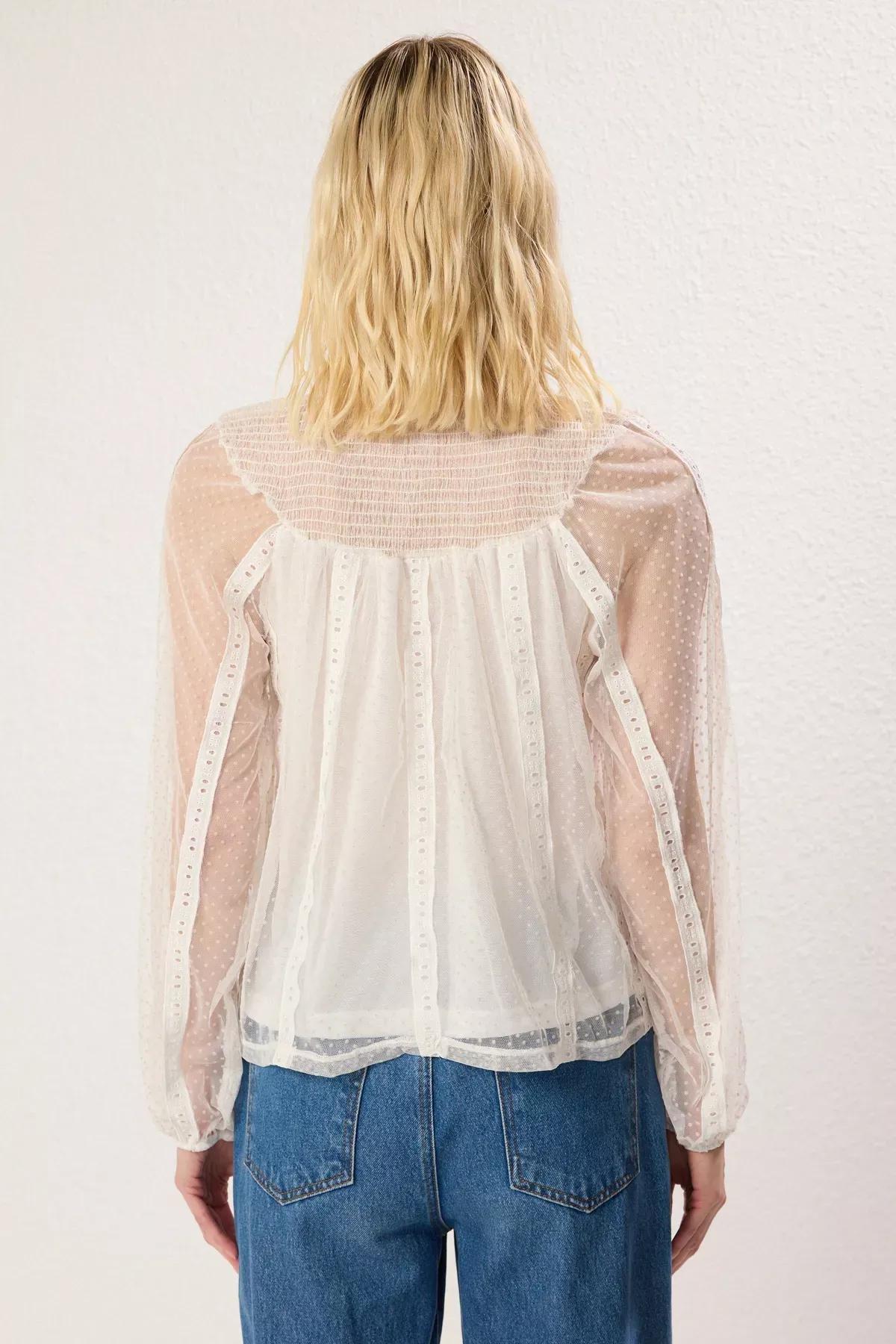 Beige Tulle Crew Neck Blouse, Ecru, large image number 4