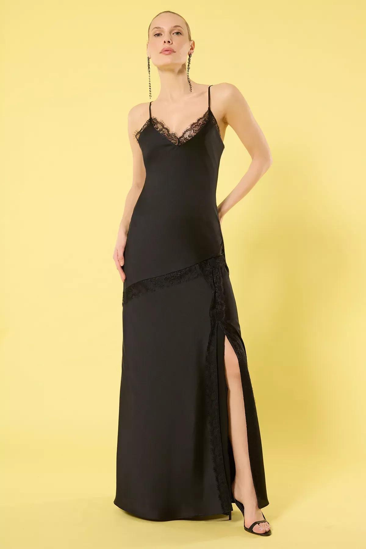 Black V-Neck Lace Satin Occasionwear Dress, , large image number 0