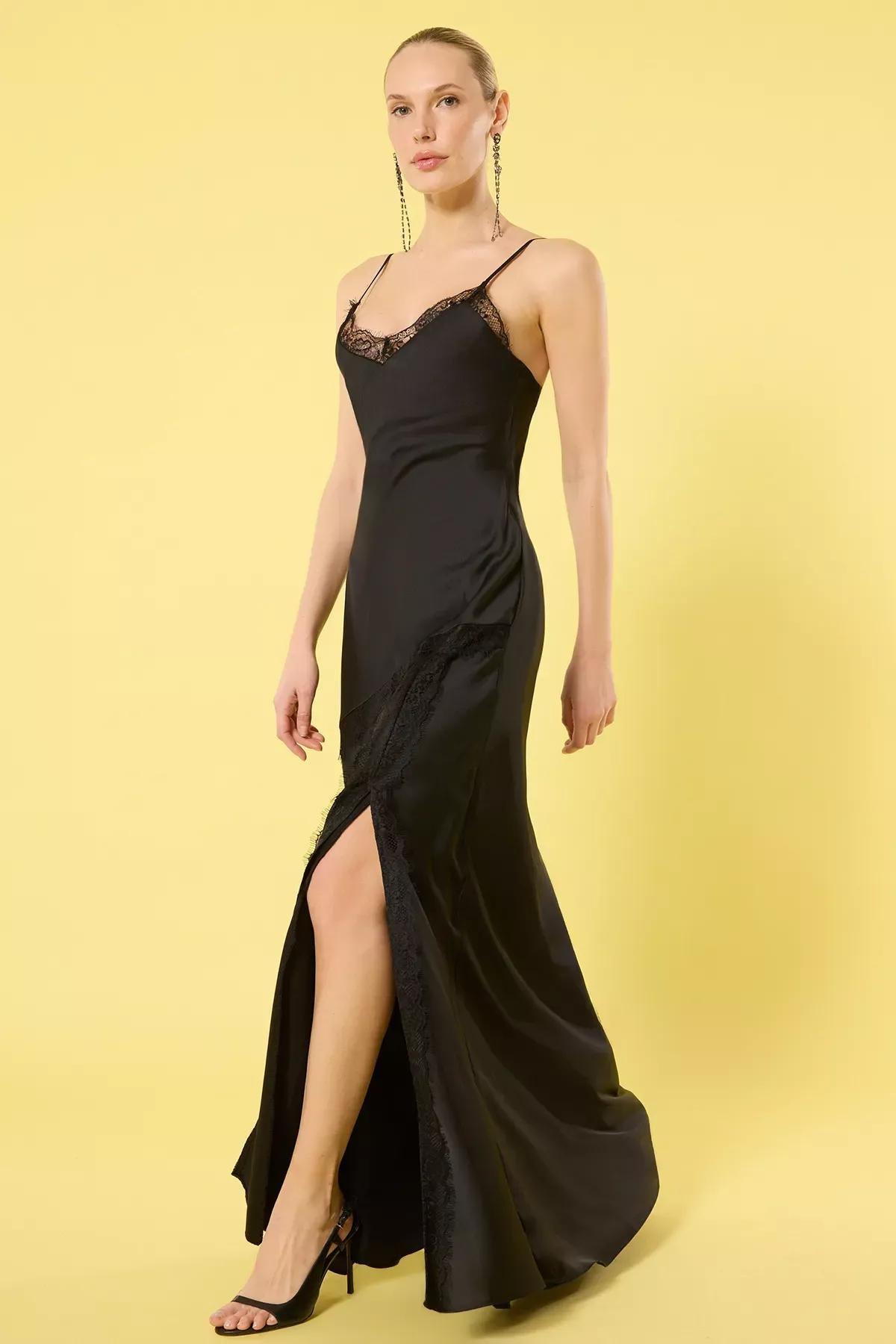 Black V-Neck Lace Satin Occasionwear Dress, , large image number 1