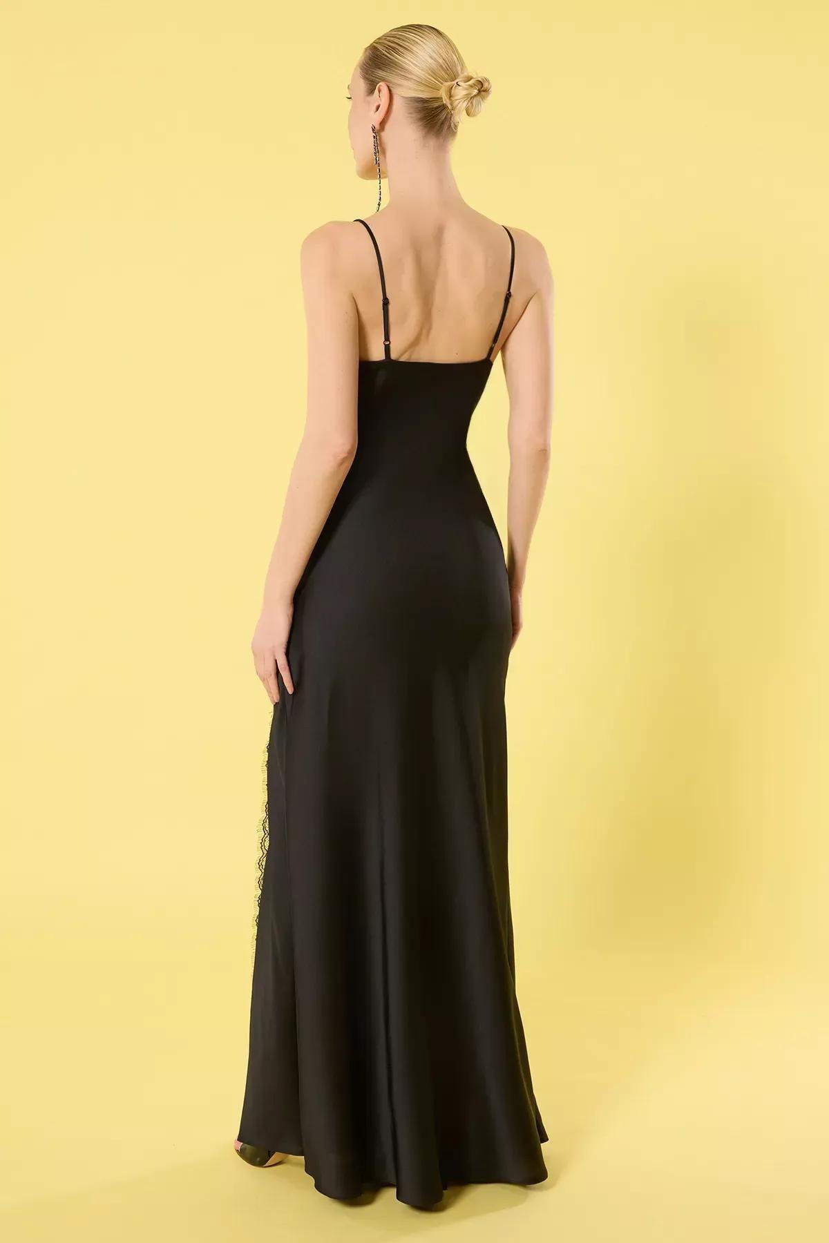 Black V-Neck Lace Satin Occasionwear Dress, , large image number 3