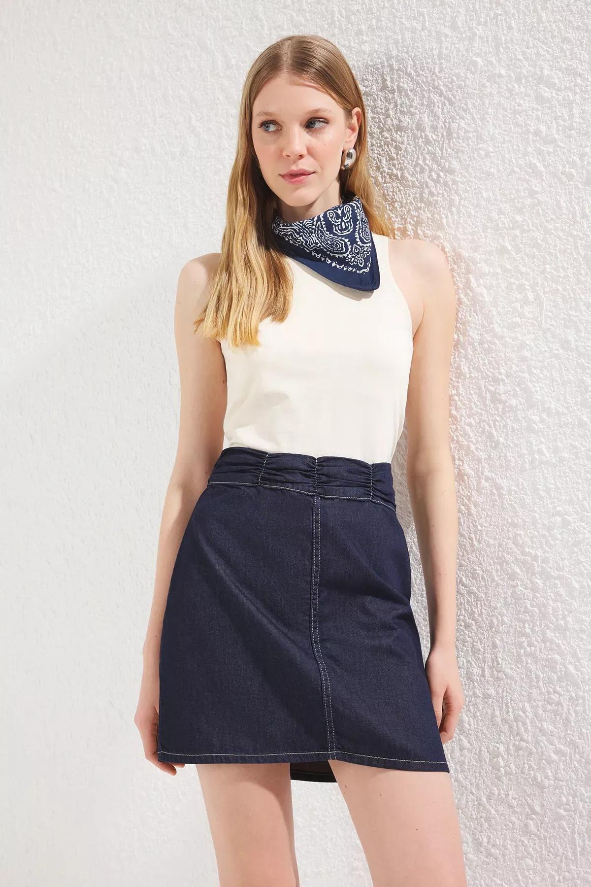 Blue Pleated Denim Mini Skirt, , large image number 1