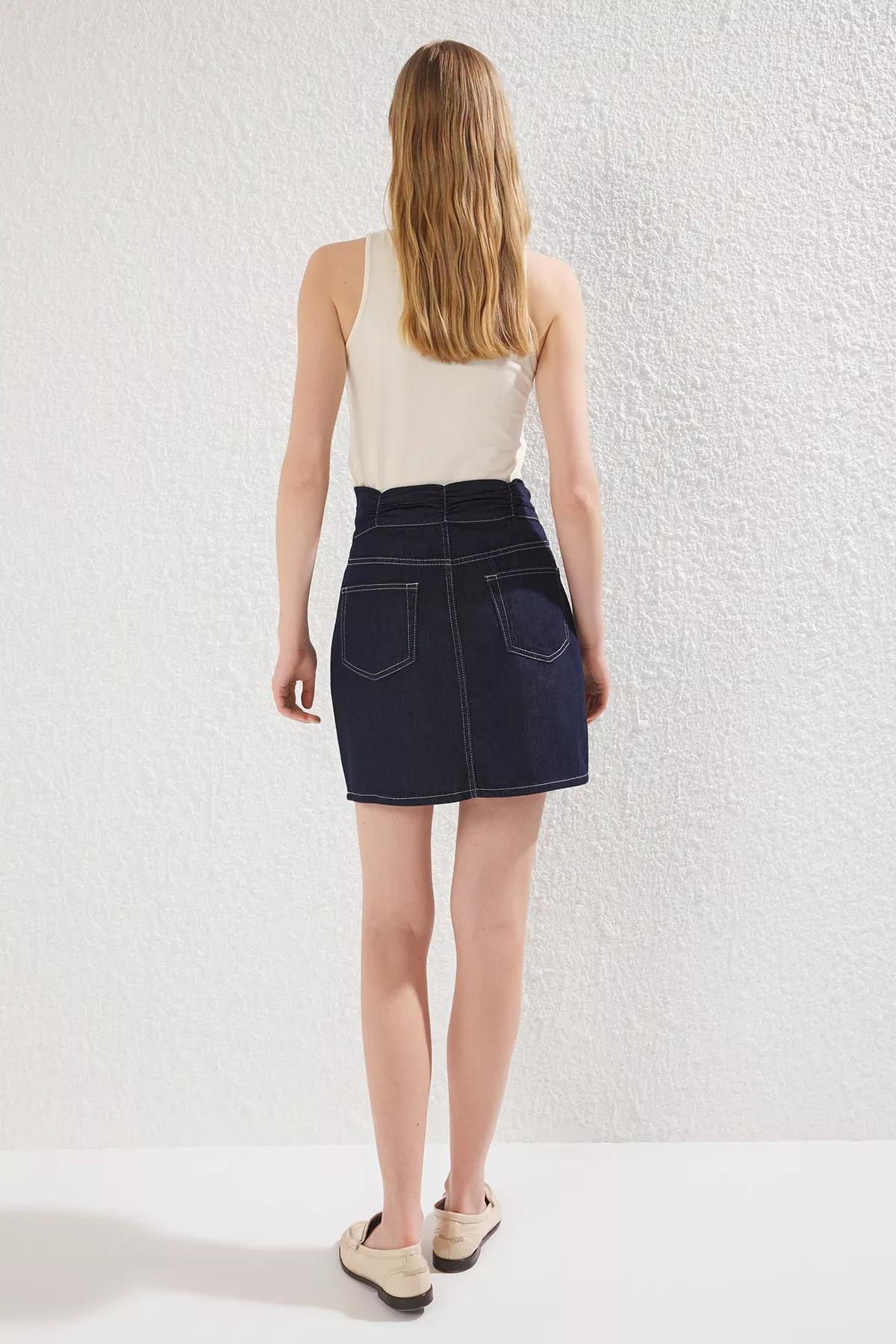 Blue Pleated Denim Mini Skirt, , large image number 4