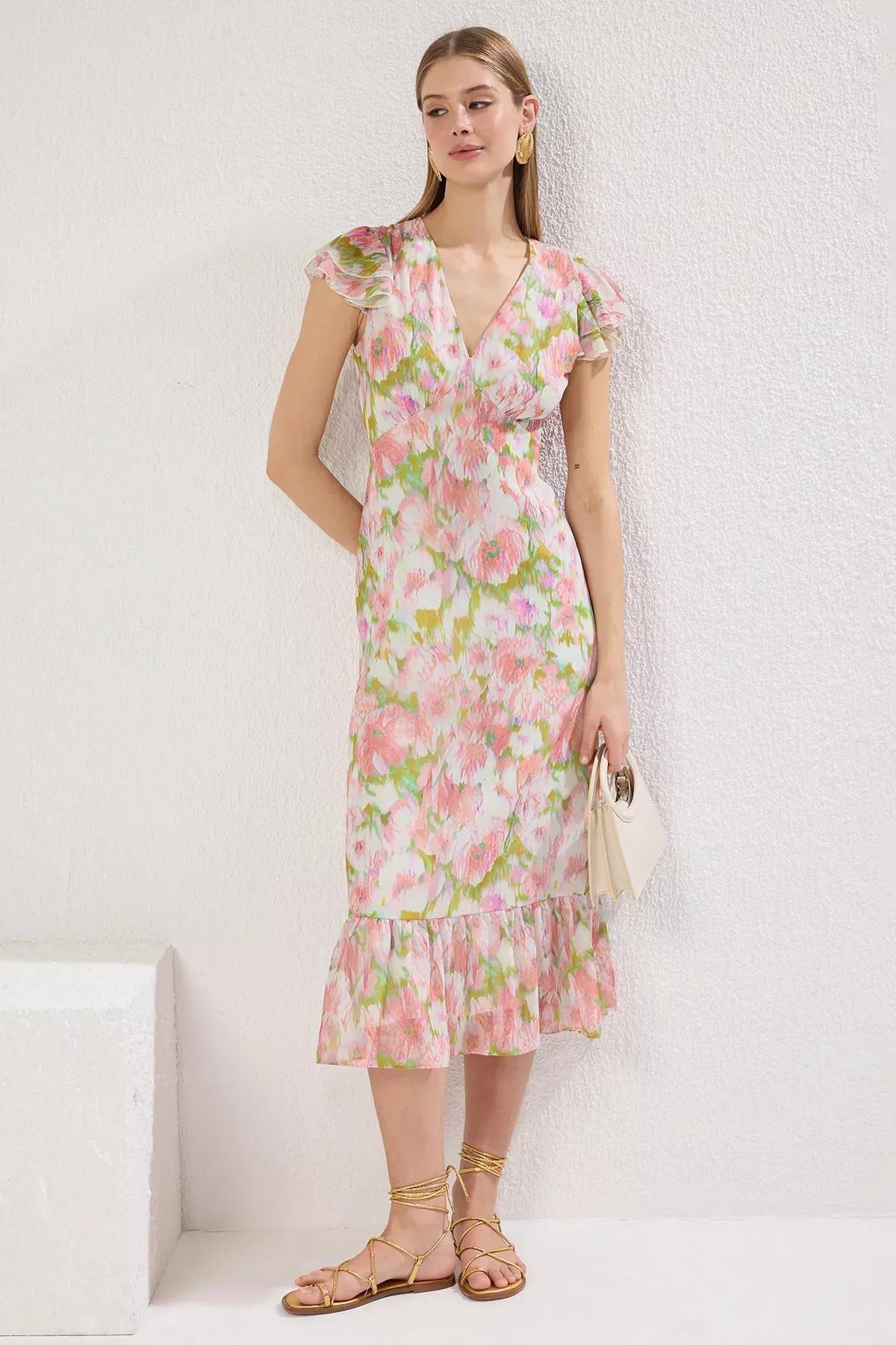 Pink Floral A-Line Ruffle Midi Dress, , medium