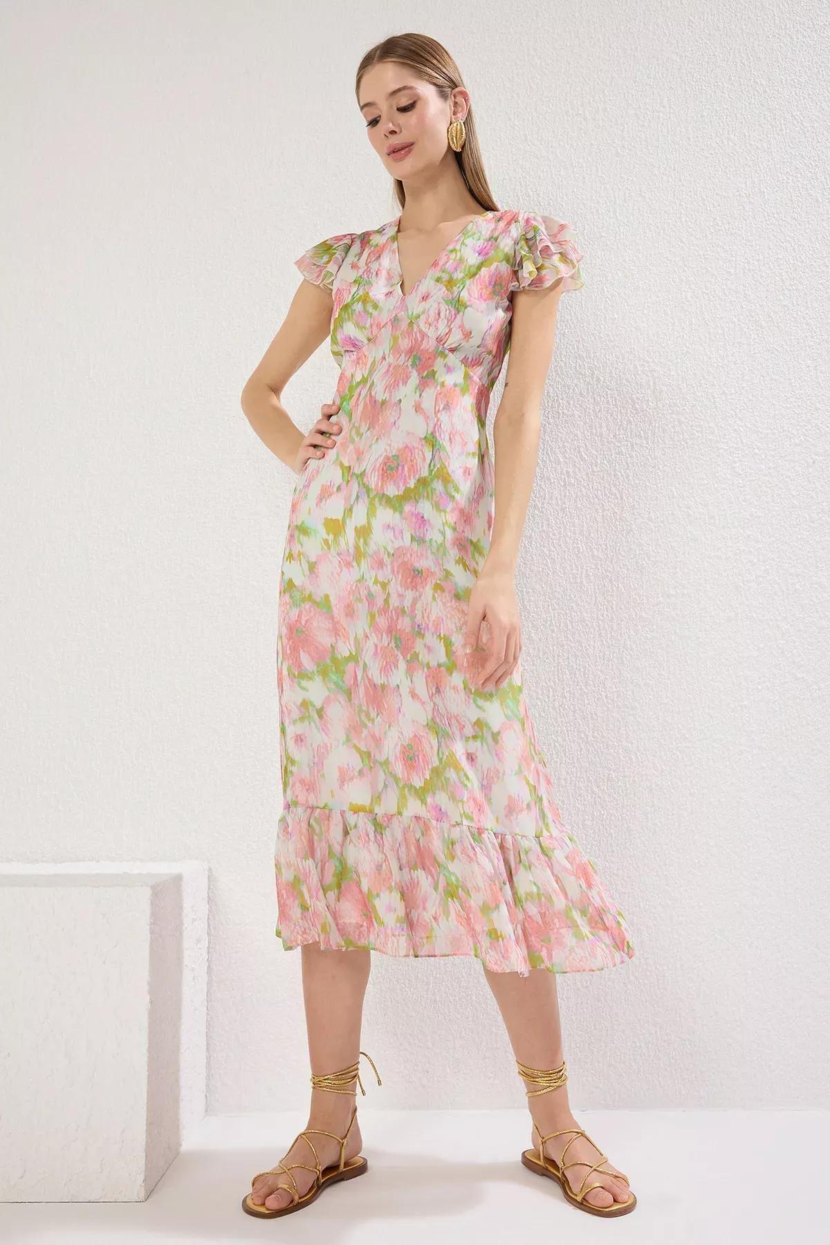Pink Floral A-Line Ruffle Midi Dress, , large image number 1