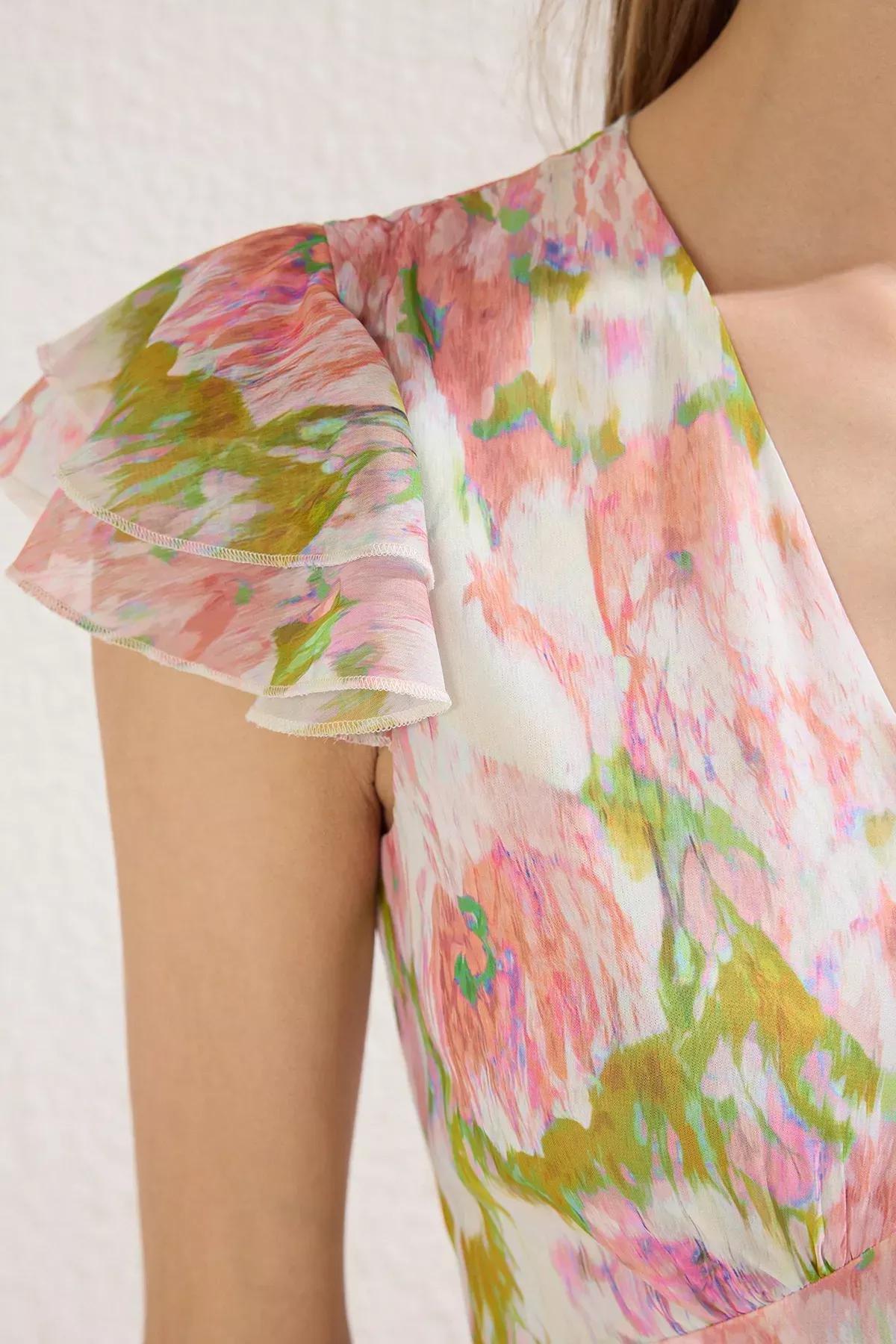 Pink Floral A-Line Ruffle Midi Dress, , large image number 2