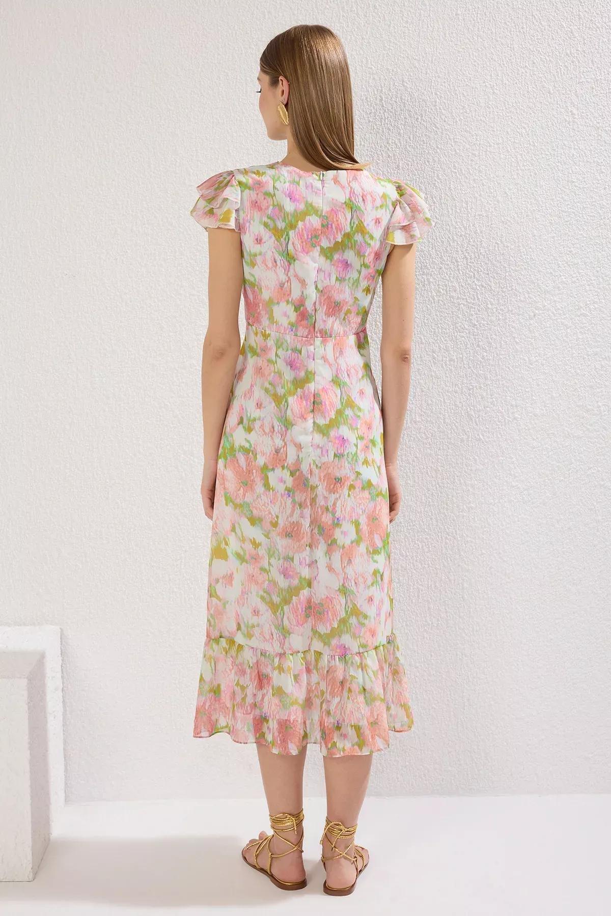 Pink Floral A-Line Ruffle Midi Dress, , large image number 3