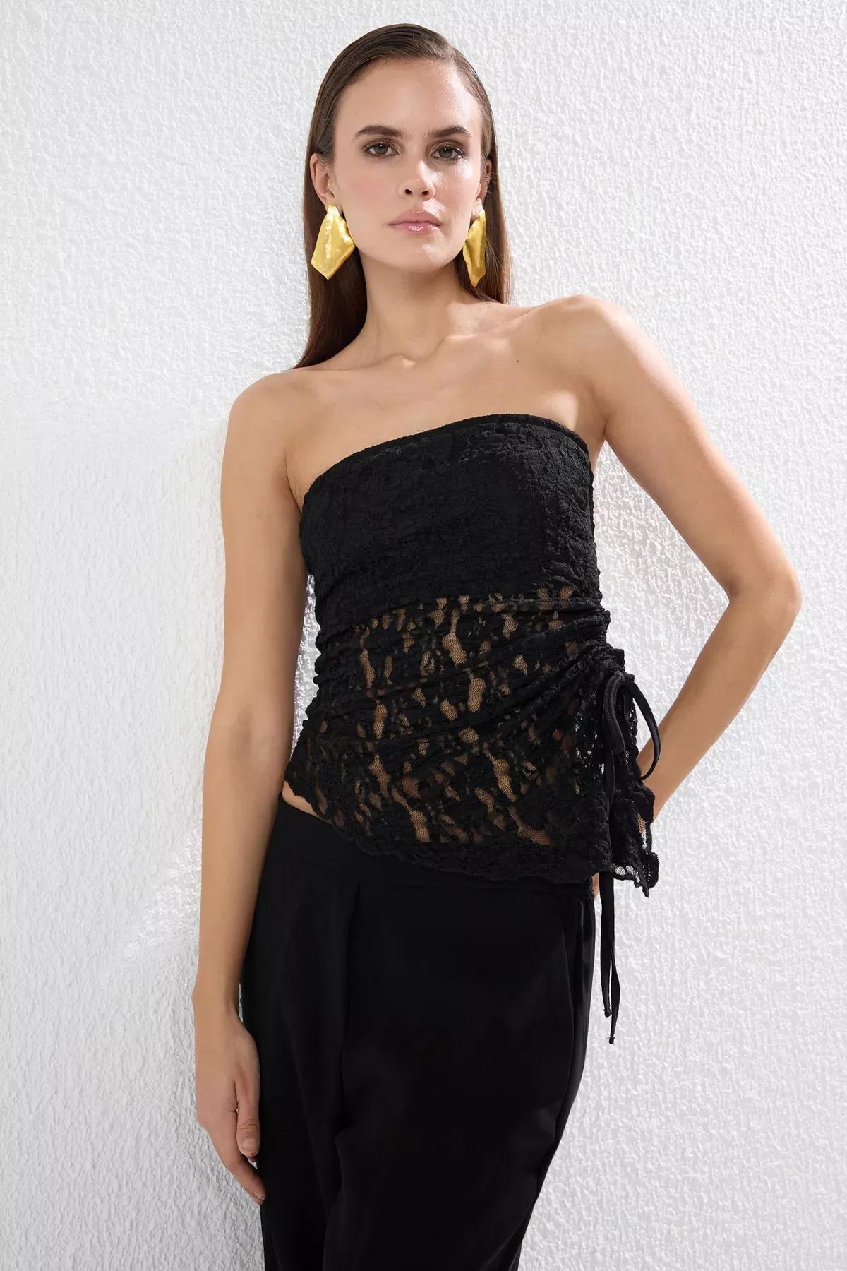 Black Strapless Lace Knitted Chic Blouse, , large image number 0