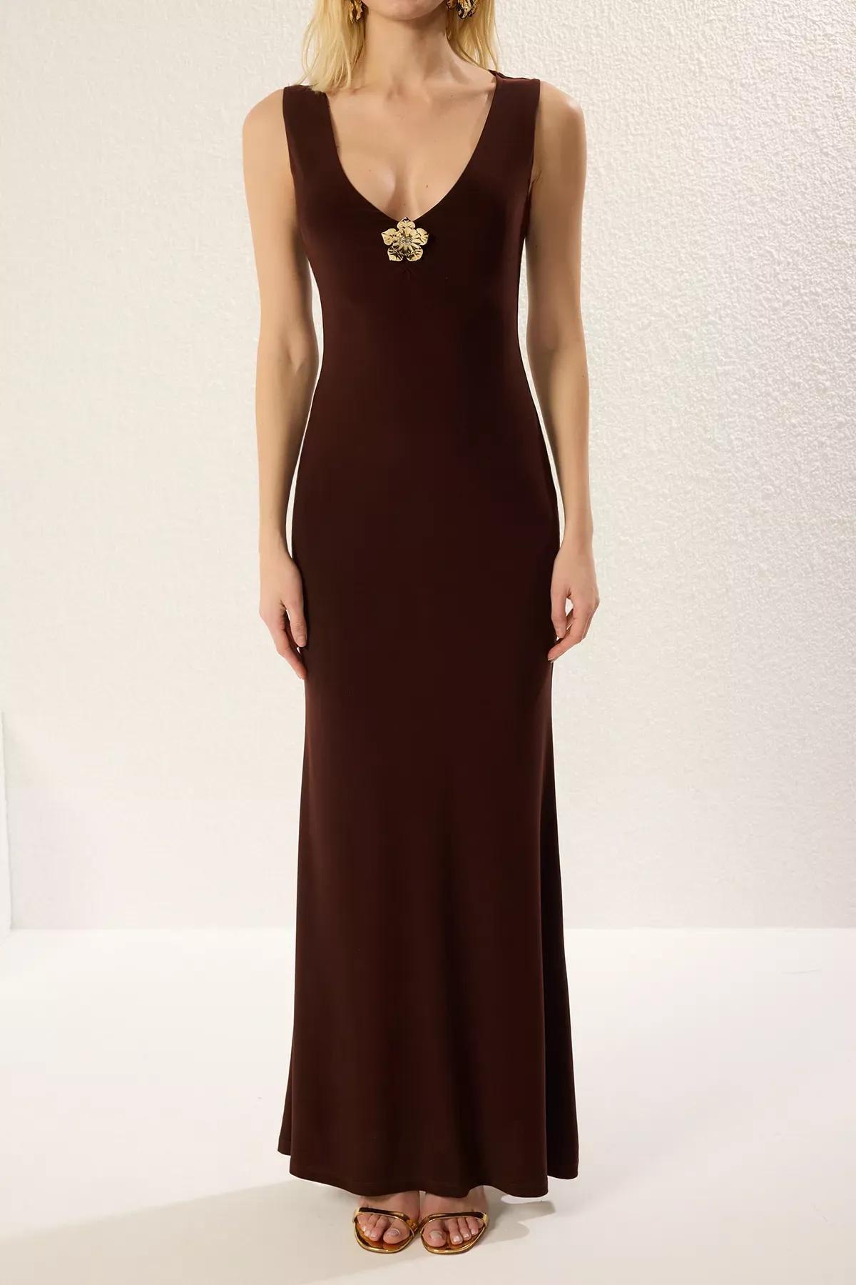 Brown V-Neck Detailed Maxi Occasionwear Dress, Brown, large image number 2