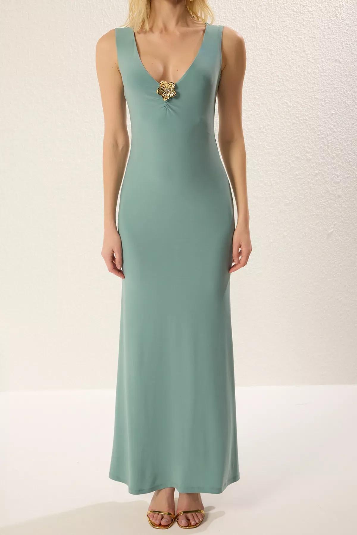 Green V-Neck Maxi Occasionwear Dress, Mint, large image number 2