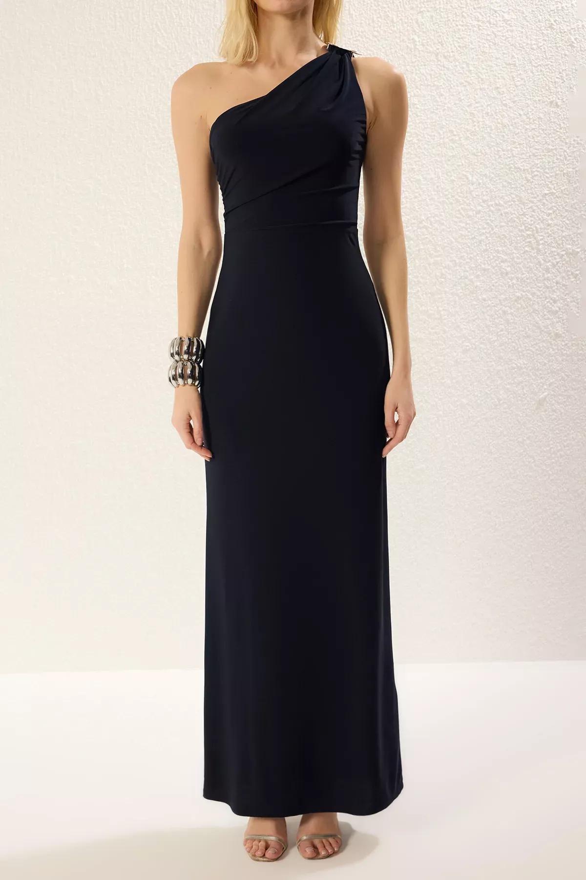 Navy One Shoulder Maxi Occasionwear Dress, Navy blue, large image number 2