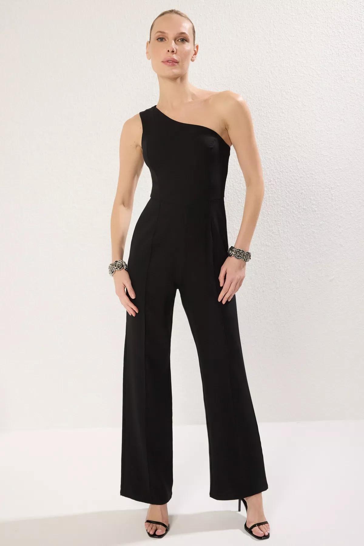 Black One Shoulder Asymmetrical Jumpsuit, , large image number 1