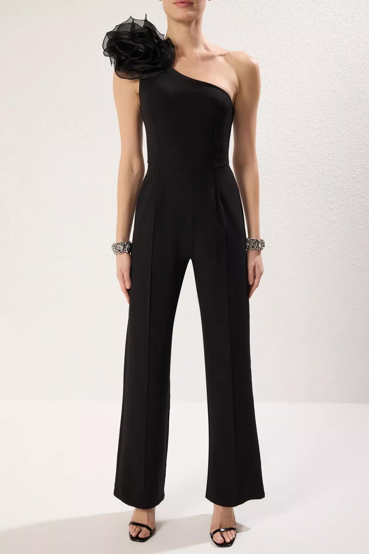 Black One Shoulder Asymmetrical Jumpsuit, , large image number 2