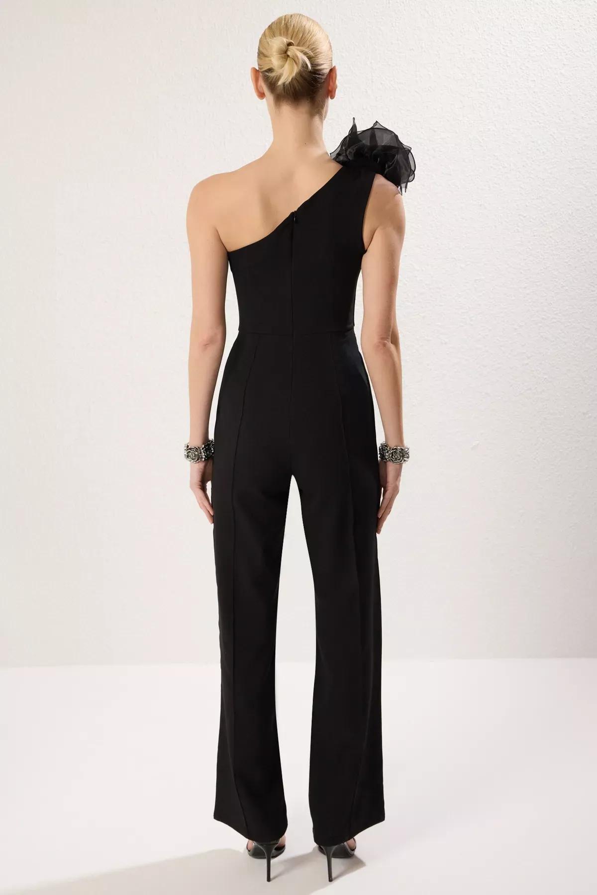 Black One Shoulder Asymmetrical Jumpsuit, , large image number 4