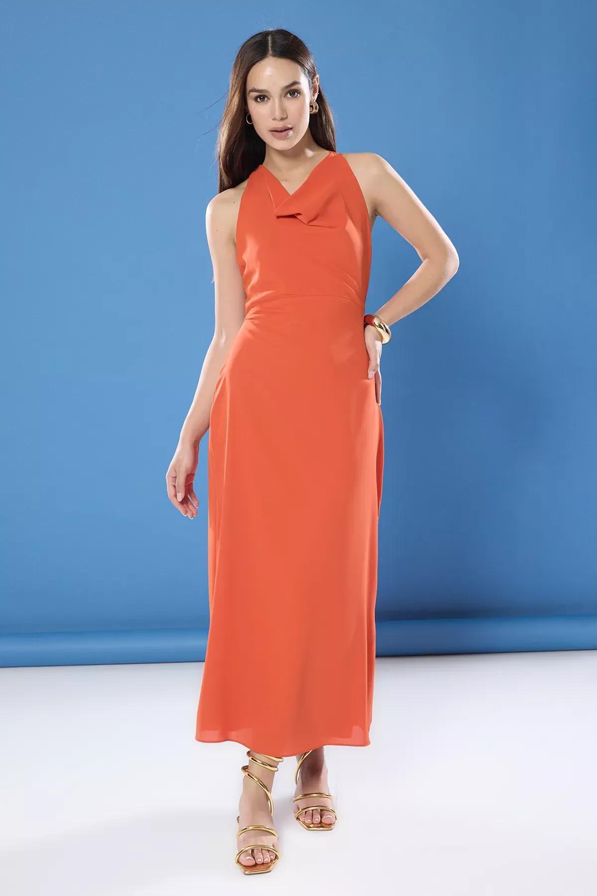 Beige A-Line Accessory Detailed Midi Dress, Cinnamon, large image number 0