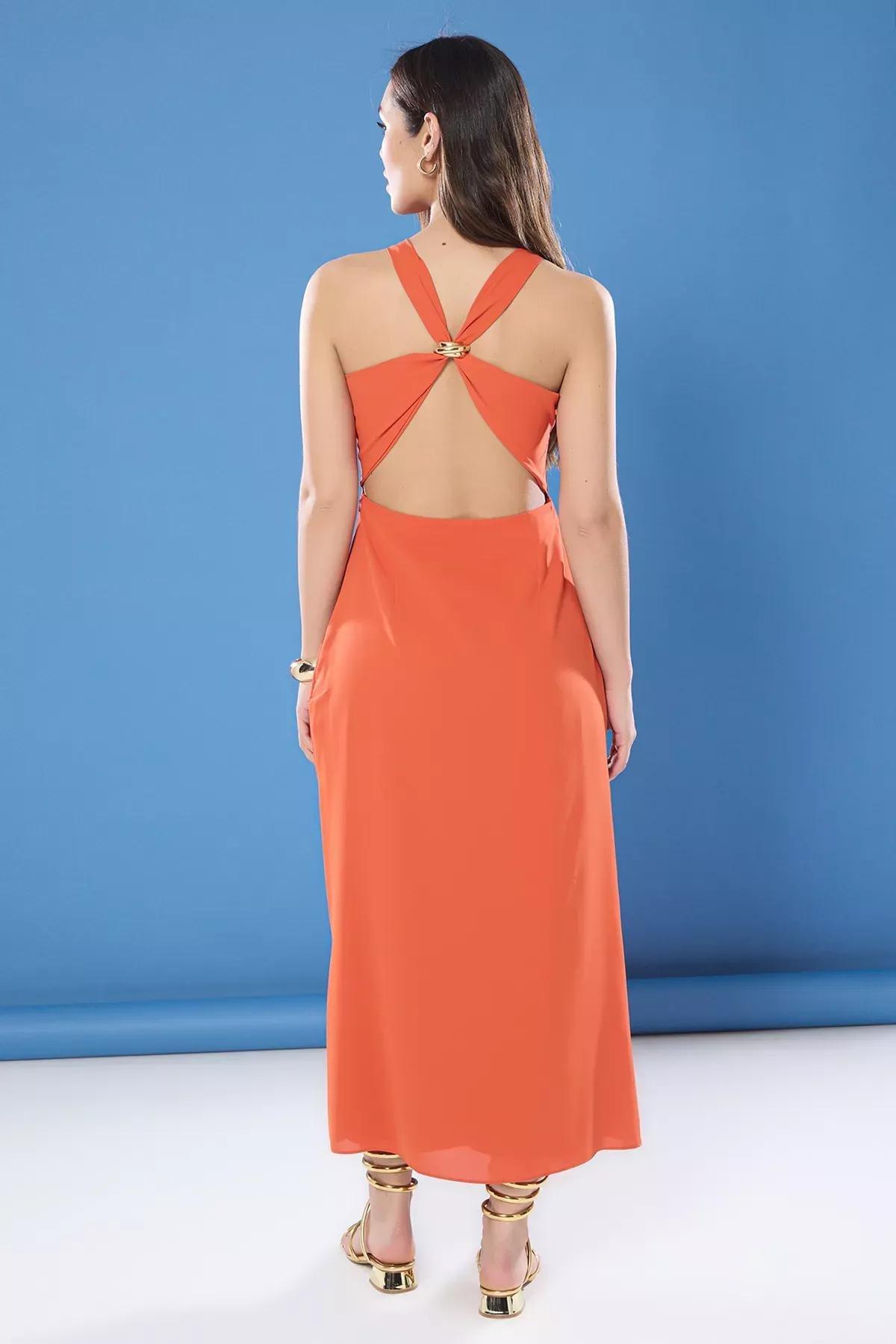 Beige A-Line Accessory Detailed Midi Dress, Cinnamon, large image number 3