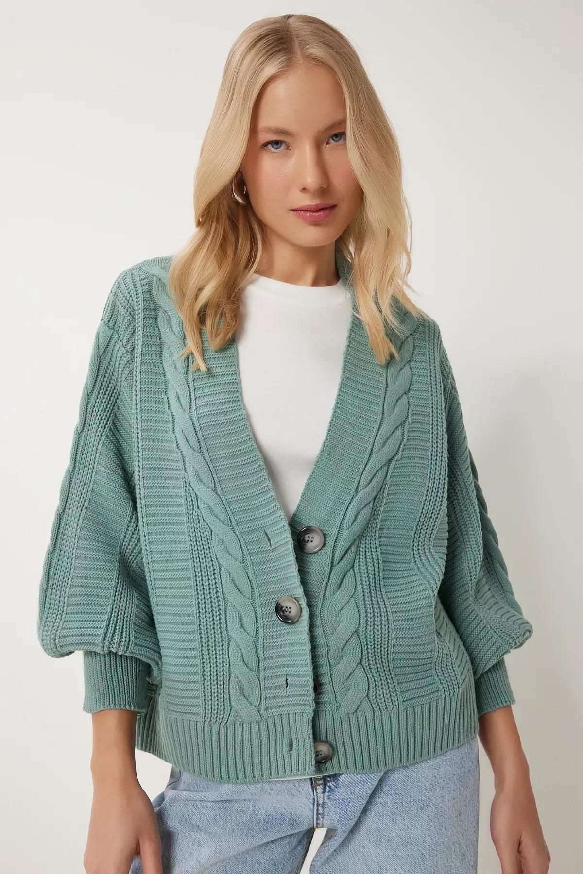 Green Braided Balloon Sleeve Cardigan, C101_5202, large image number 0