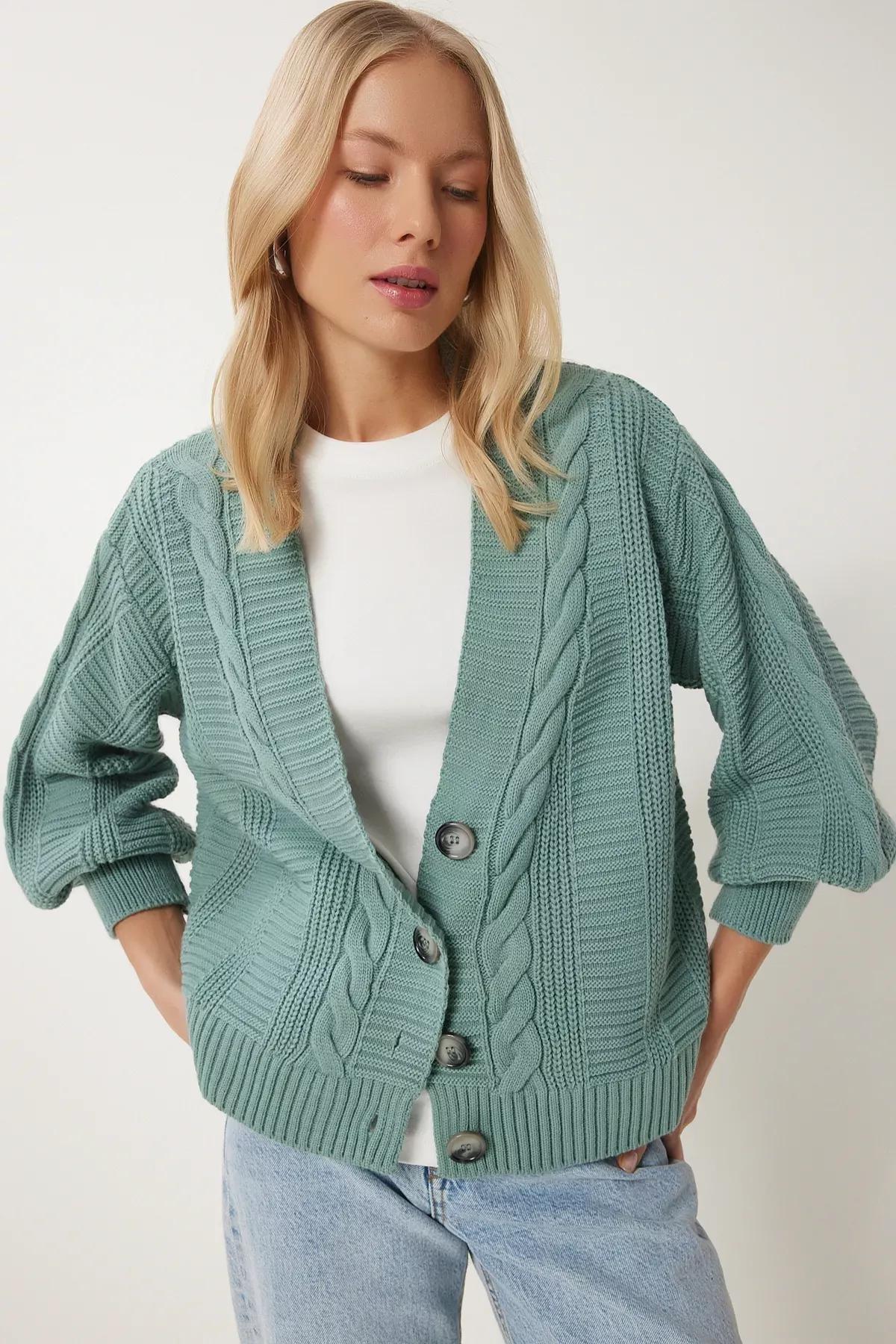 Green Braided Balloon Sleeve Cardigan, C101_5202, large image number 1